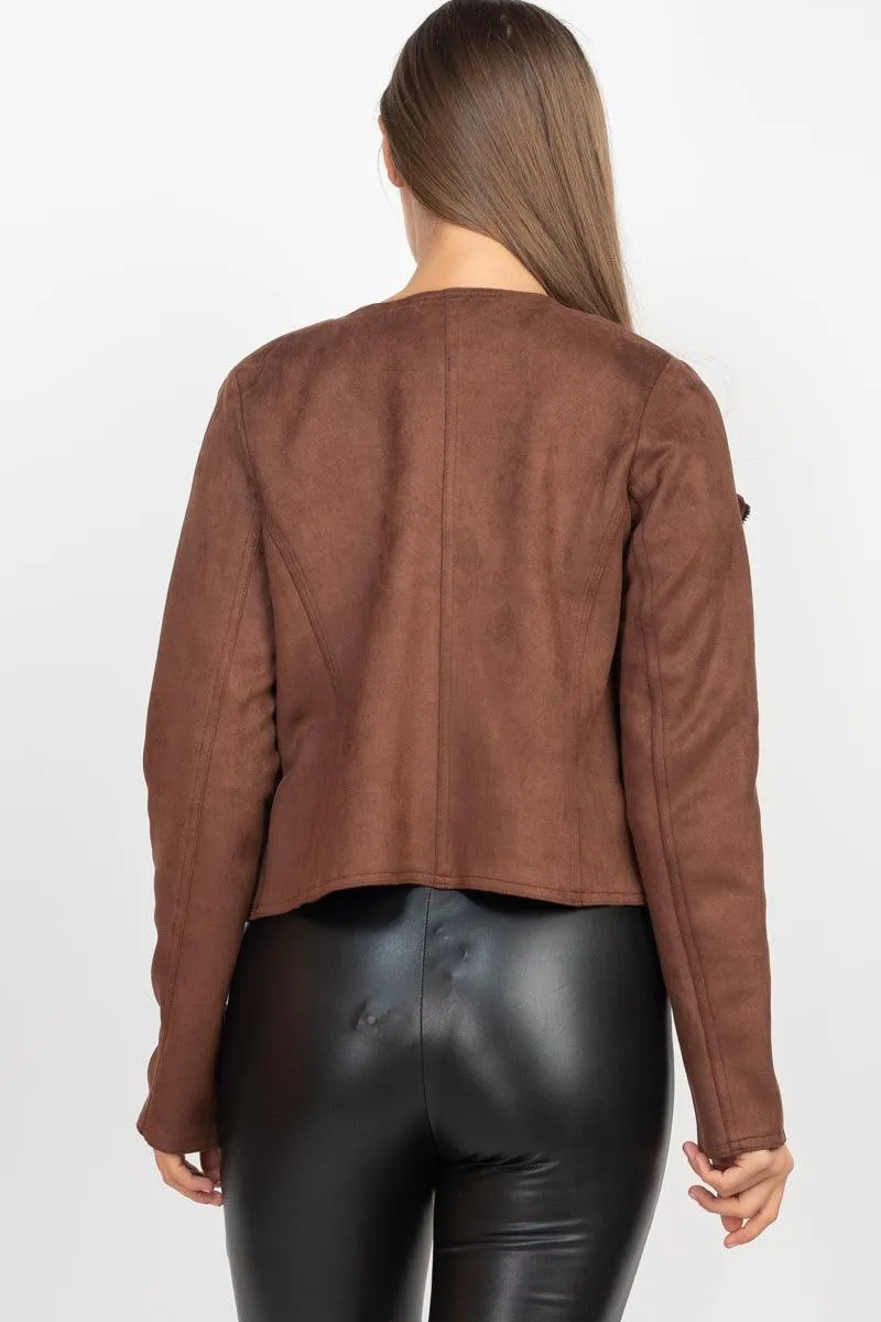 Cropped Long Sleeves Suede Moto Jacket