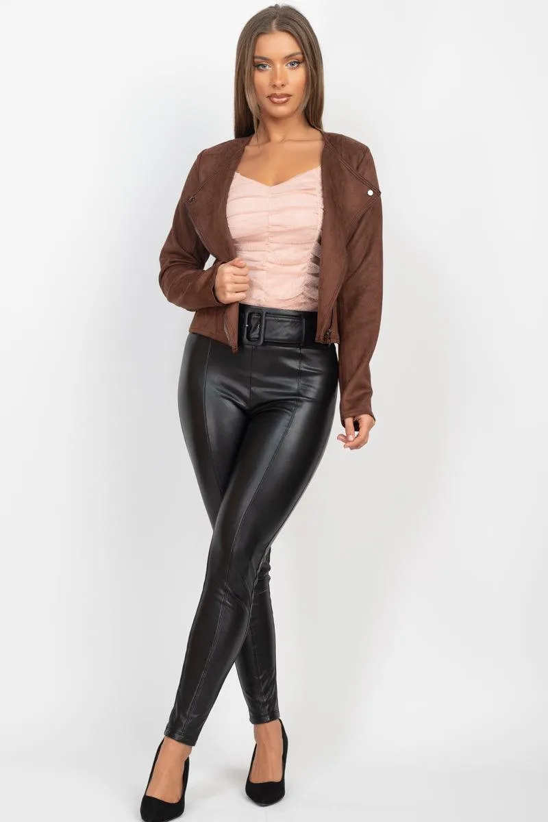 Cropped Long Sleeves Suede Moto Jacket