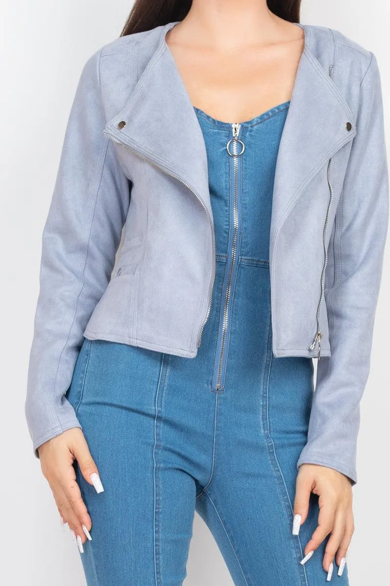 Cropped Long Sleeves Suede Moto Jacket