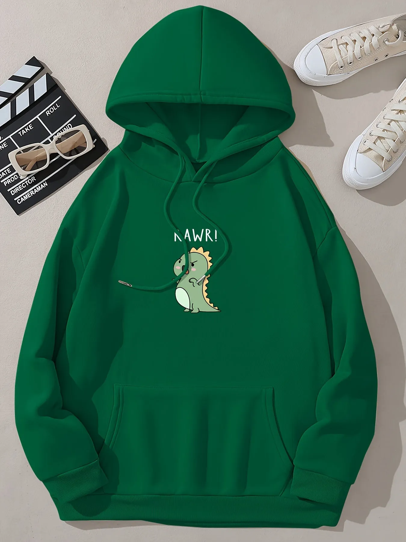 Cute Cartoon Dinosaur Print Hoodie, Drawstring Casual Hooded Sweatshirt For Winter & Fall, Women's Clothing