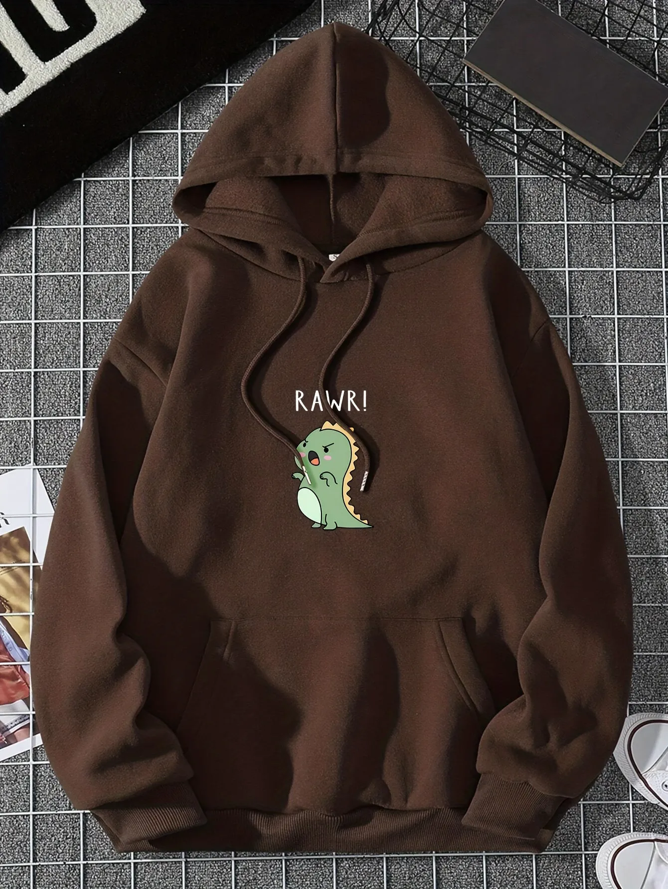 Cute Cartoon Dinosaur Print Hoodie, Drawstring Casual Hooded Sweatshirt For Winter & Fall, Women's Clothing