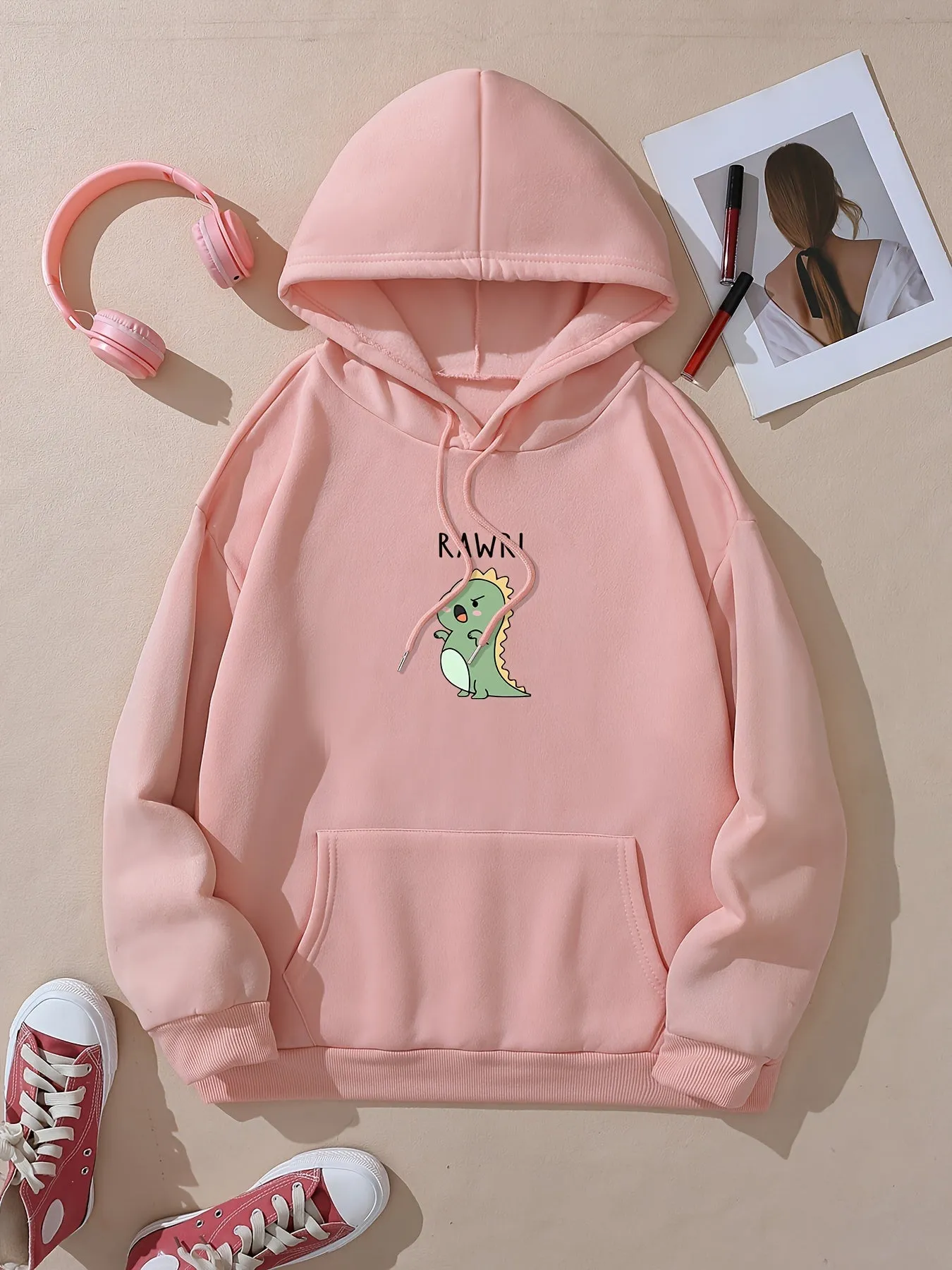 Cute Cartoon Dinosaur Print Hoodie, Drawstring Casual Hooded Sweatshirt For Winter & Fall, Women's Clothing