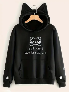 Cute Cat & Letter Print Hoodie, Casual Long Sleeve Kangaroo Pocket Hoodies Sweatshirt, Women's Clothing