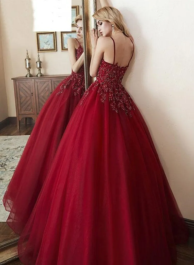 Deep V Neck Backless Lace Burgundy Prom Gown, Burgundy Lace Prom, Lace Burgundy Evening Formal