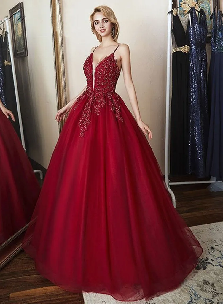 Deep V Neck Backless Lace Burgundy Prom Gown, Burgundy Lace Prom, Lace Burgundy Evening Formal