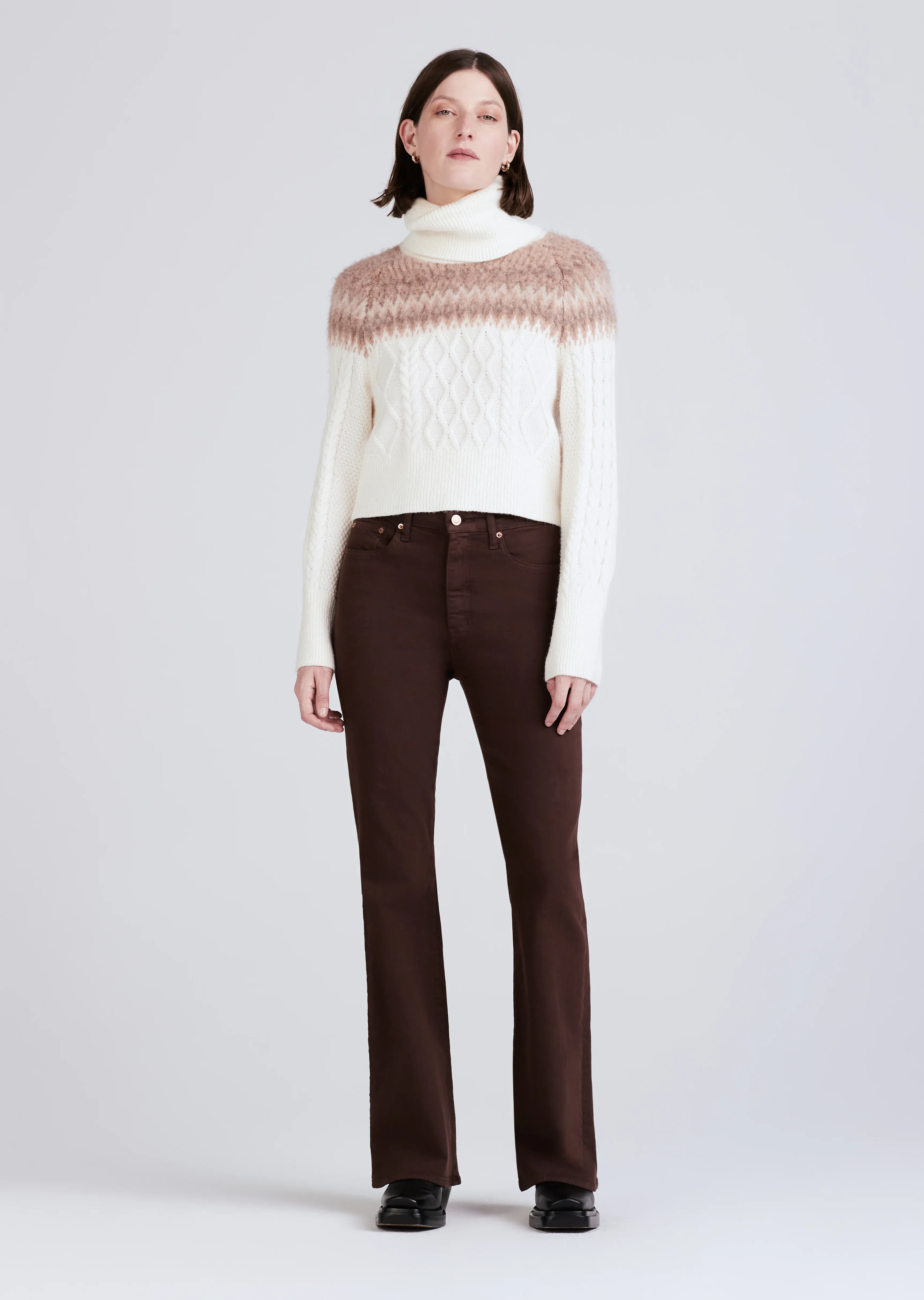 Derek Lam 10 Crosby - Marcella Cable Knit and Fair Isle Turtleneck in Ivory