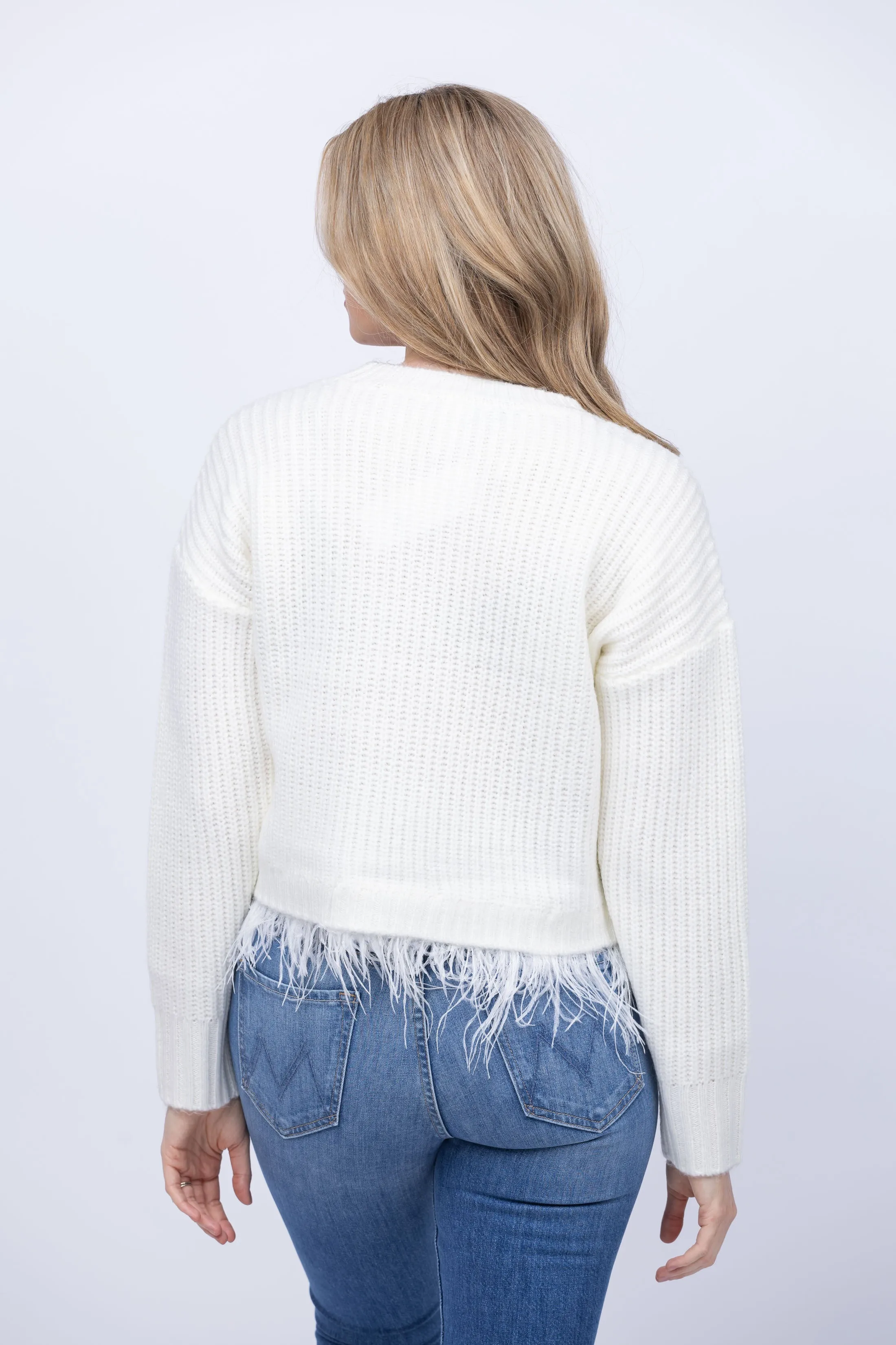 Design History Sweater Feather Trim Crewneck in Winter White