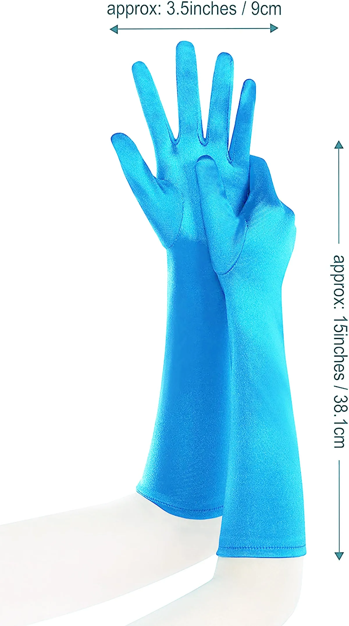 Fancydresswale hand Gloves for women for parties, long colourful satin hand cover 38 cm; Sky Blue