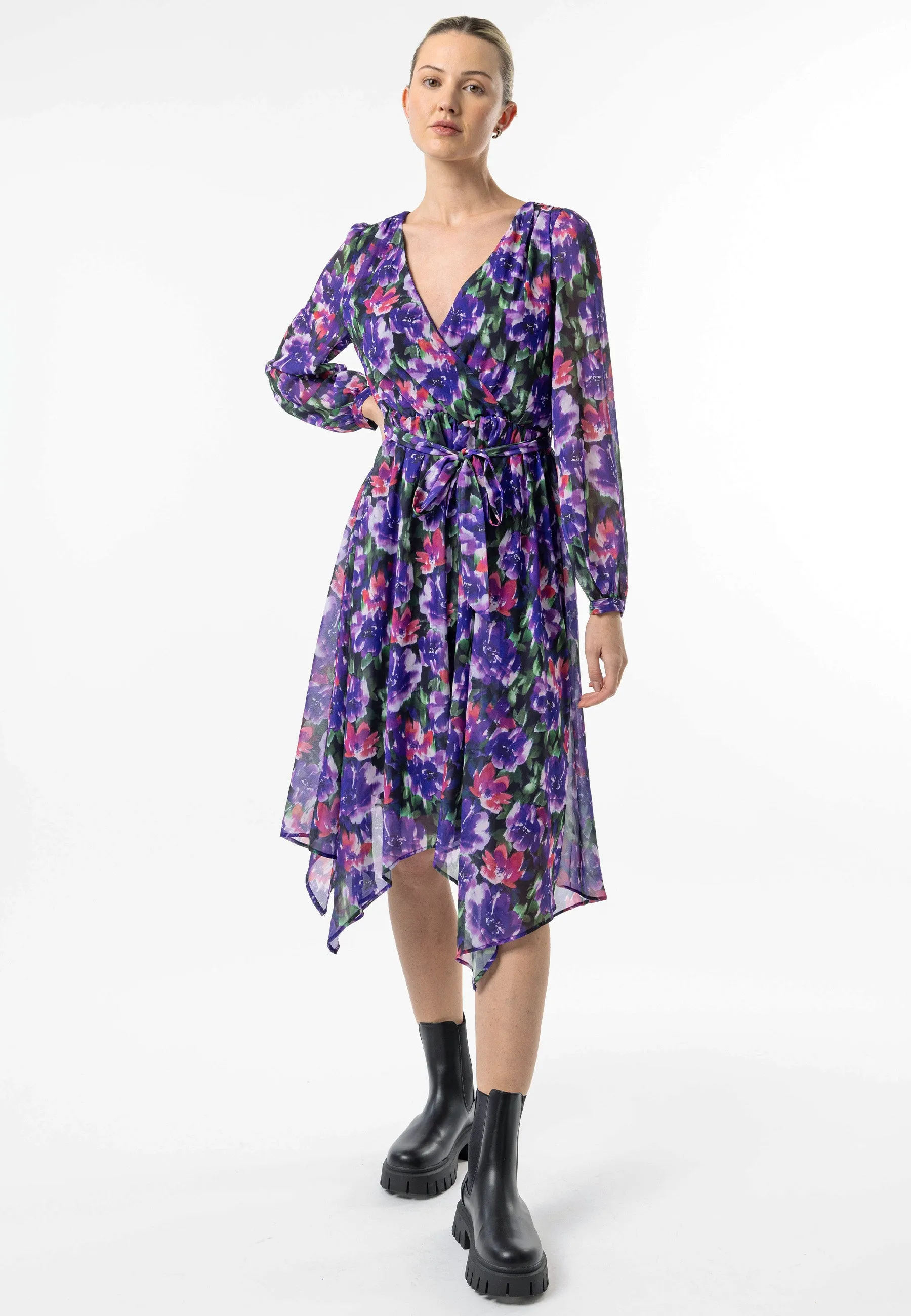 Faux Wrap Bias Hem Midi Dress in Purple Floral Print