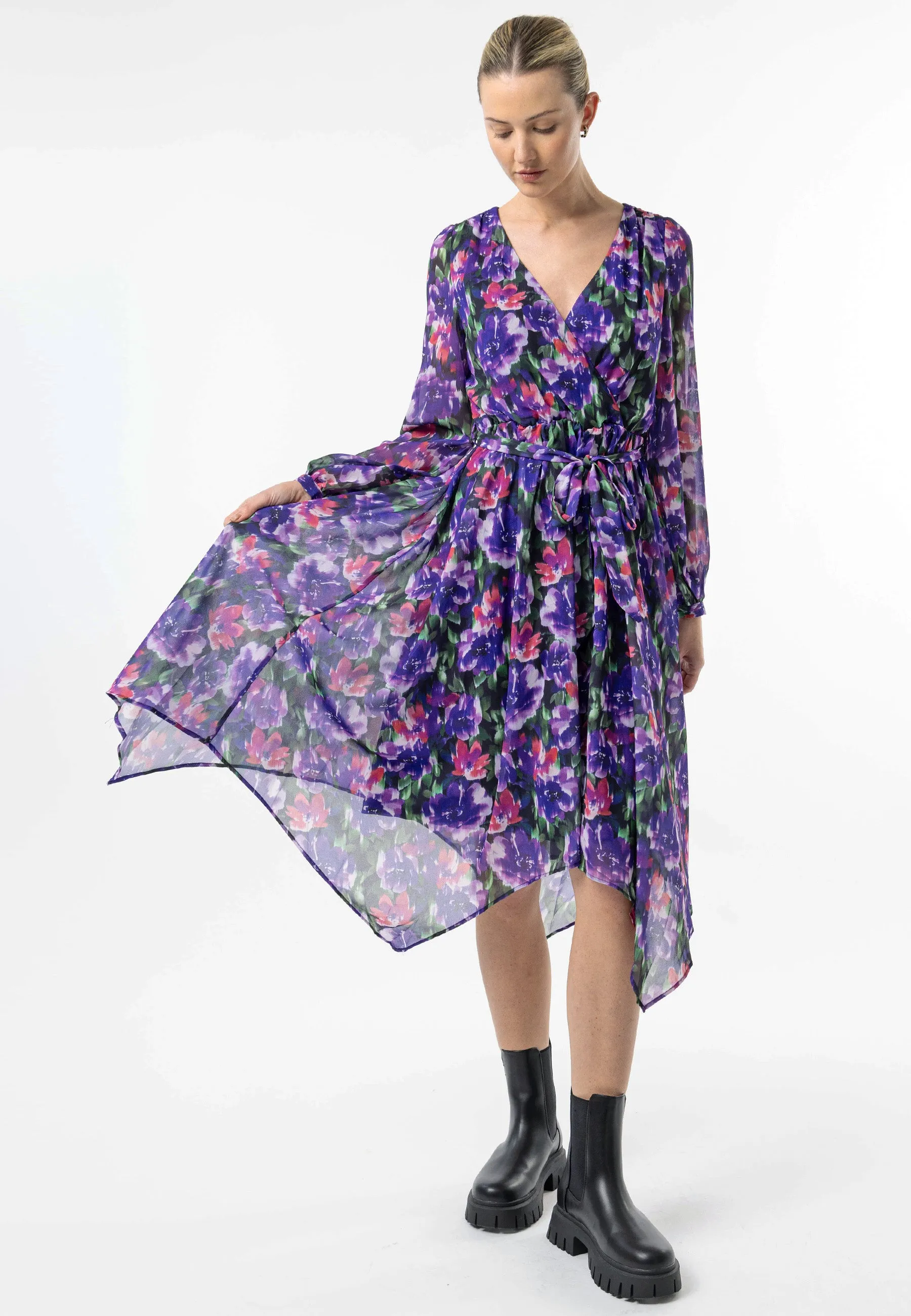 Faux Wrap Bias Hem Midi Dress in Purple Floral Print