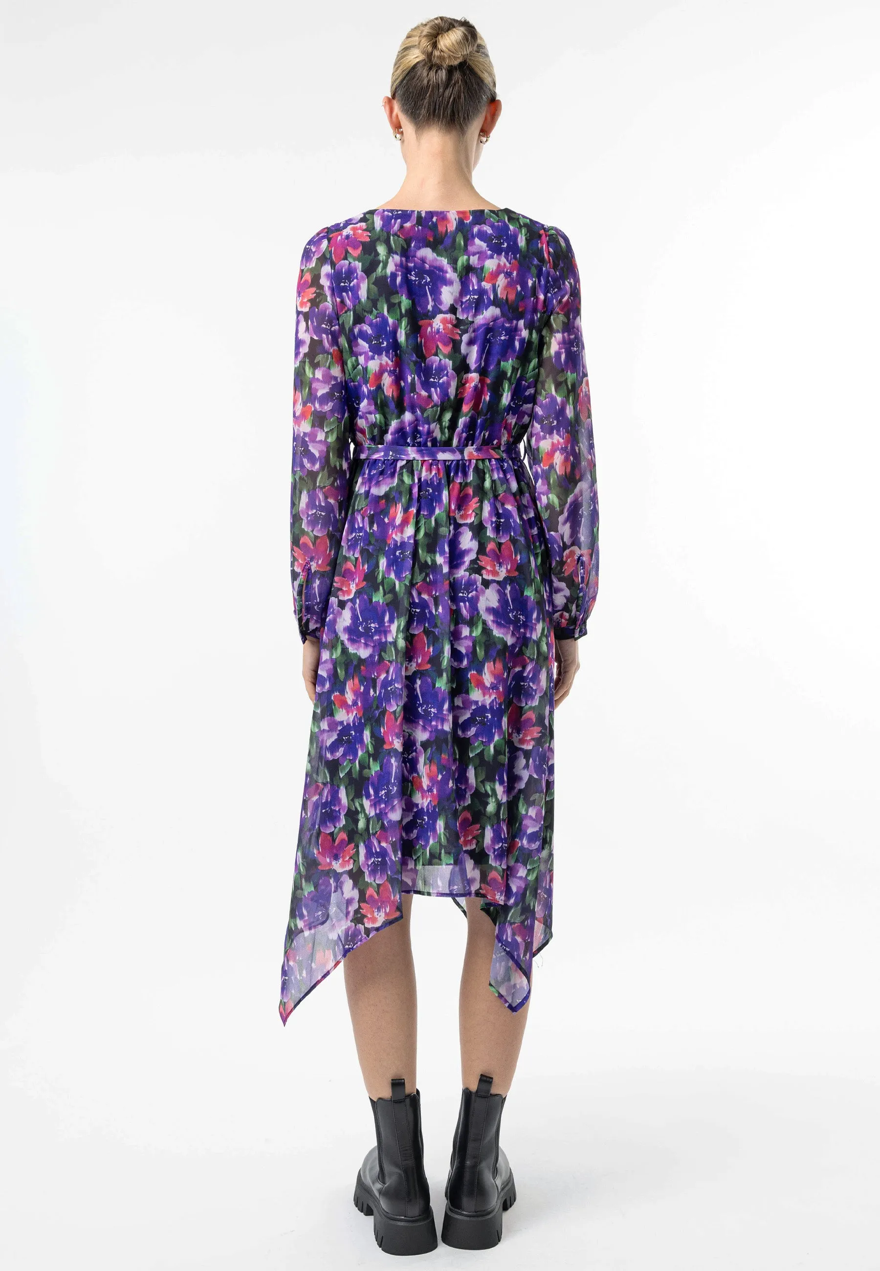 Faux Wrap Bias Hem Midi Dress in Purple Floral Print