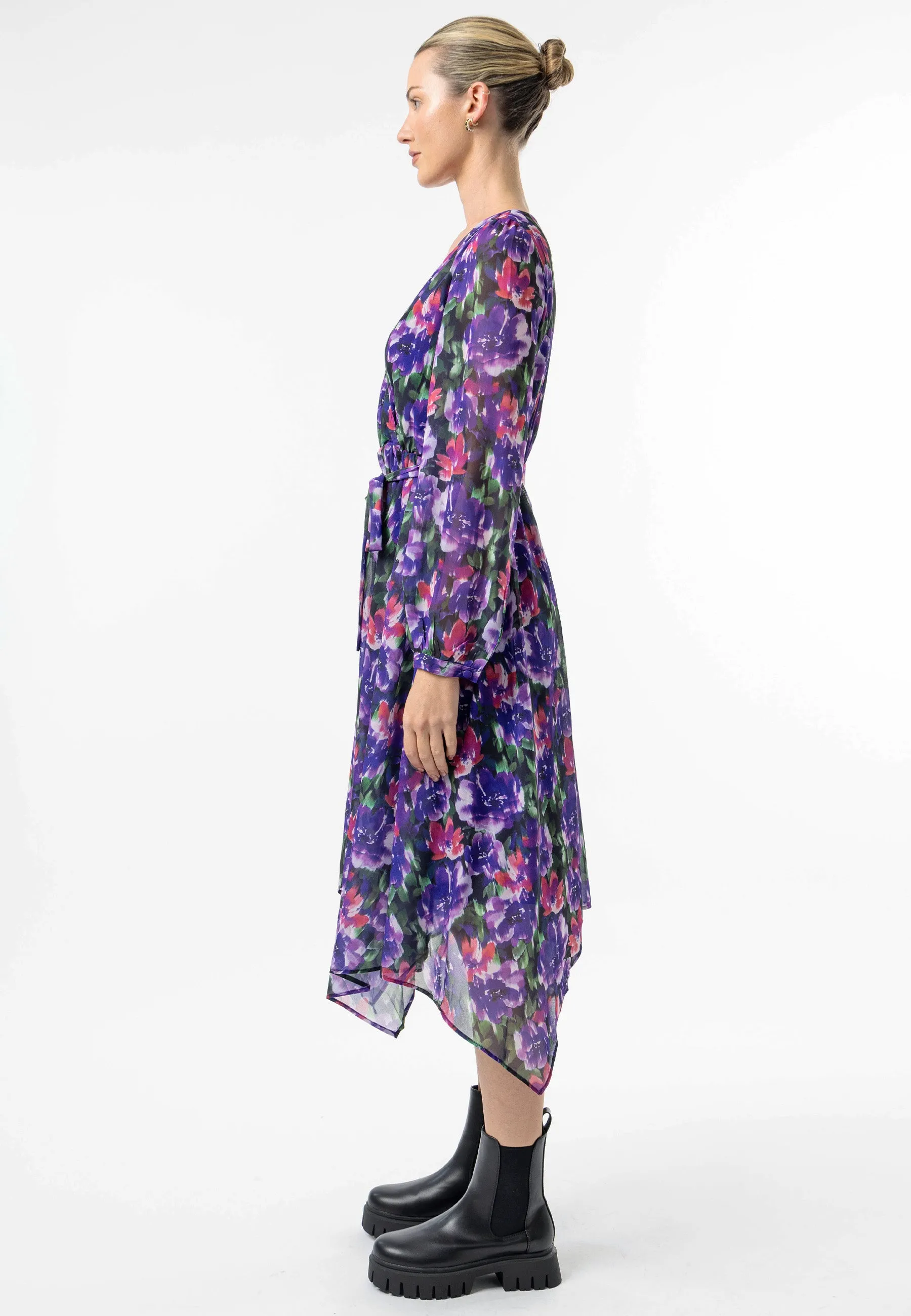 Faux Wrap Bias Hem Midi Dress in Purple Floral Print