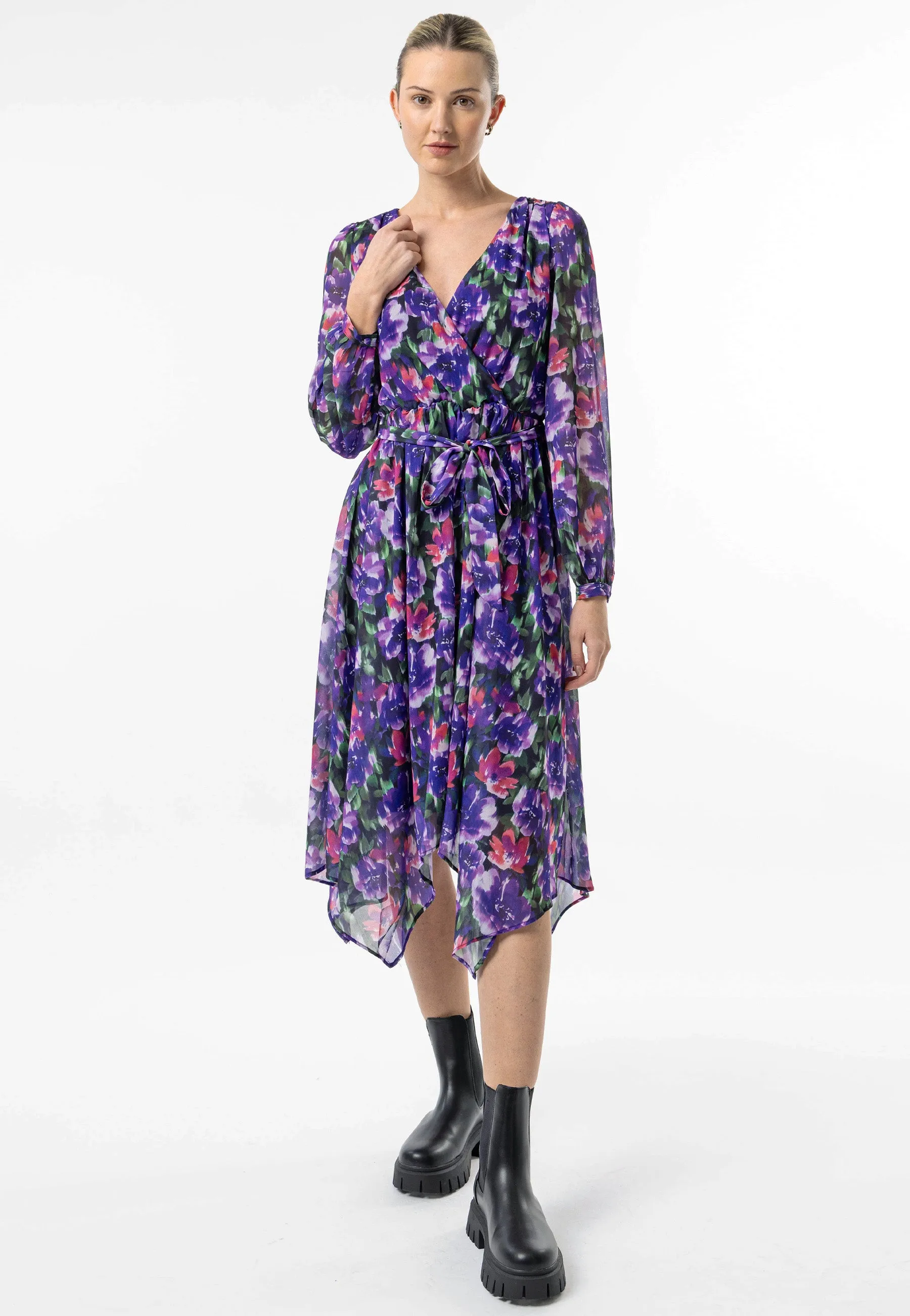 Faux Wrap Bias Hem Midi Dress in Purple Floral Print