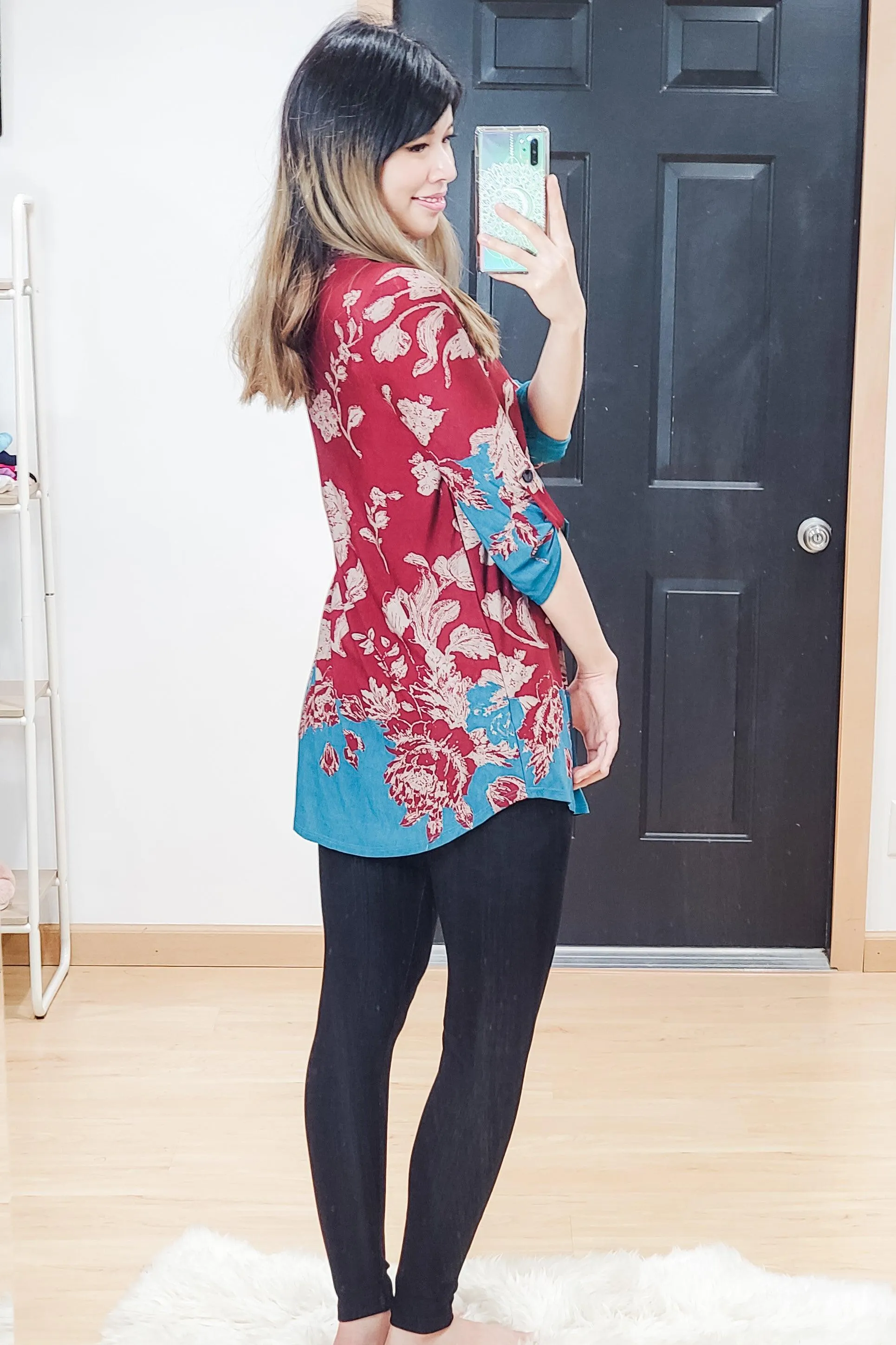 FINAL SALE -  Burgundy/Teal Floral Mandarin Collar Top