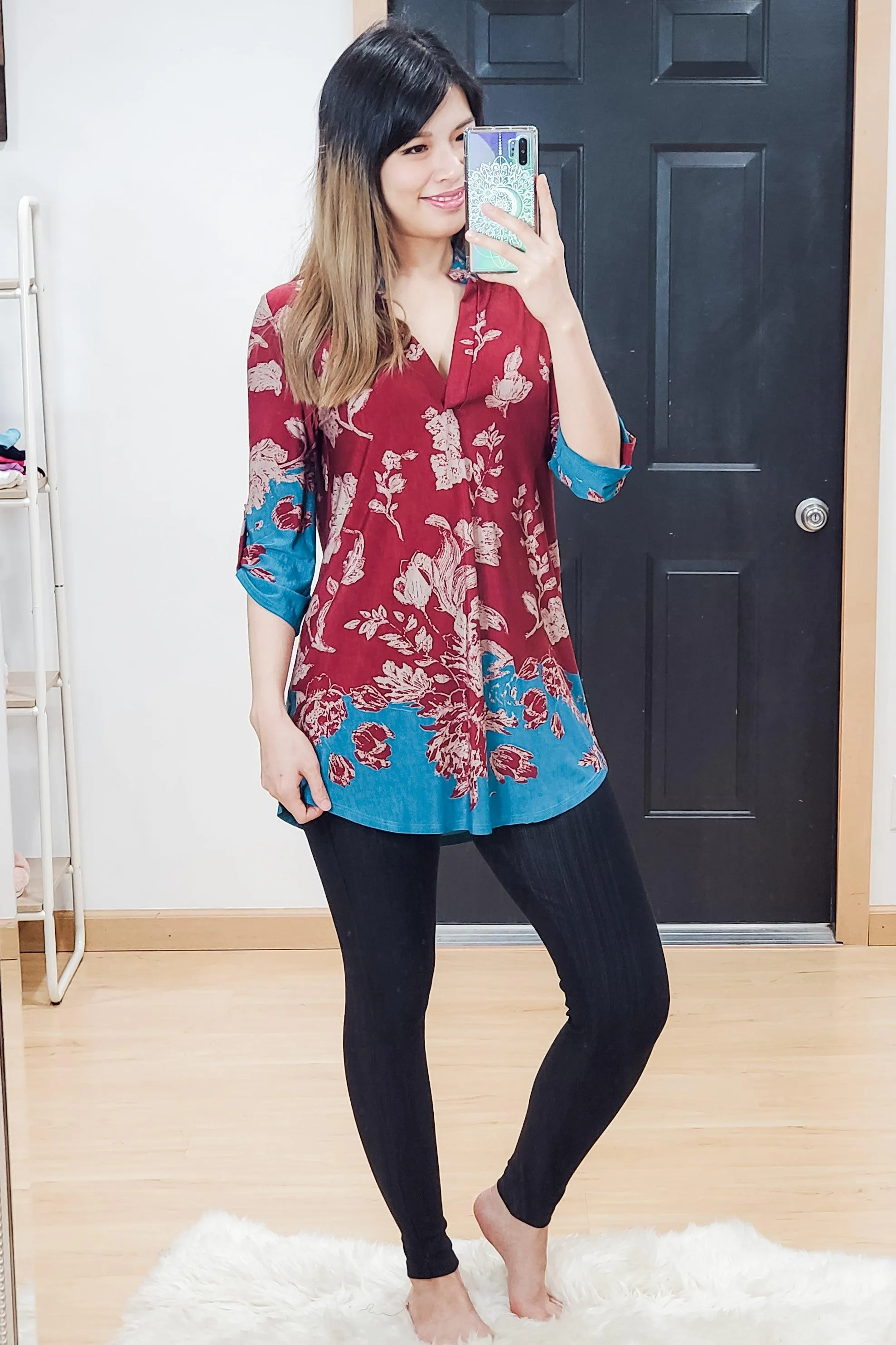 FINAL SALE -  Burgundy/Teal Floral Mandarin Collar Top