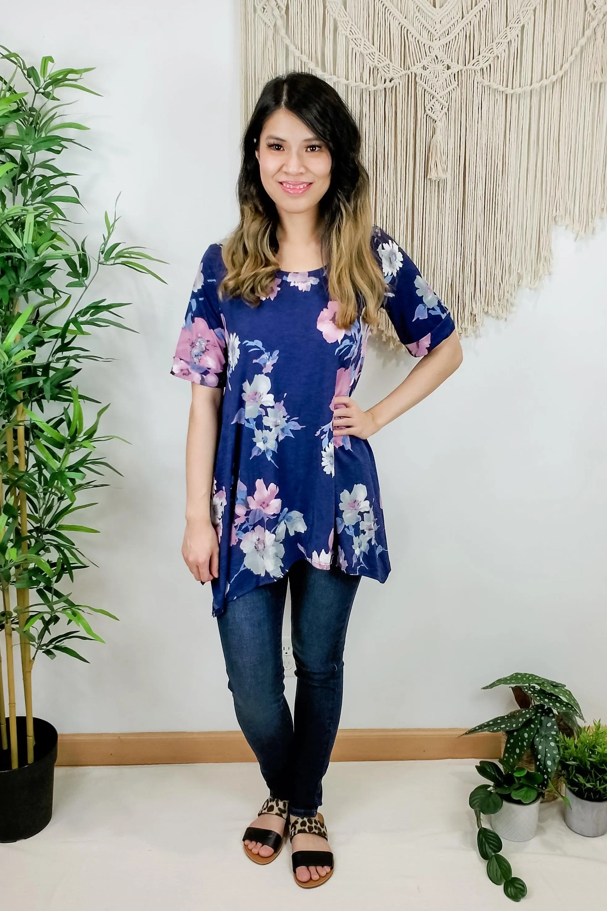 FINAL SALE -  Navy Floral Handkerchief Hem Tunic