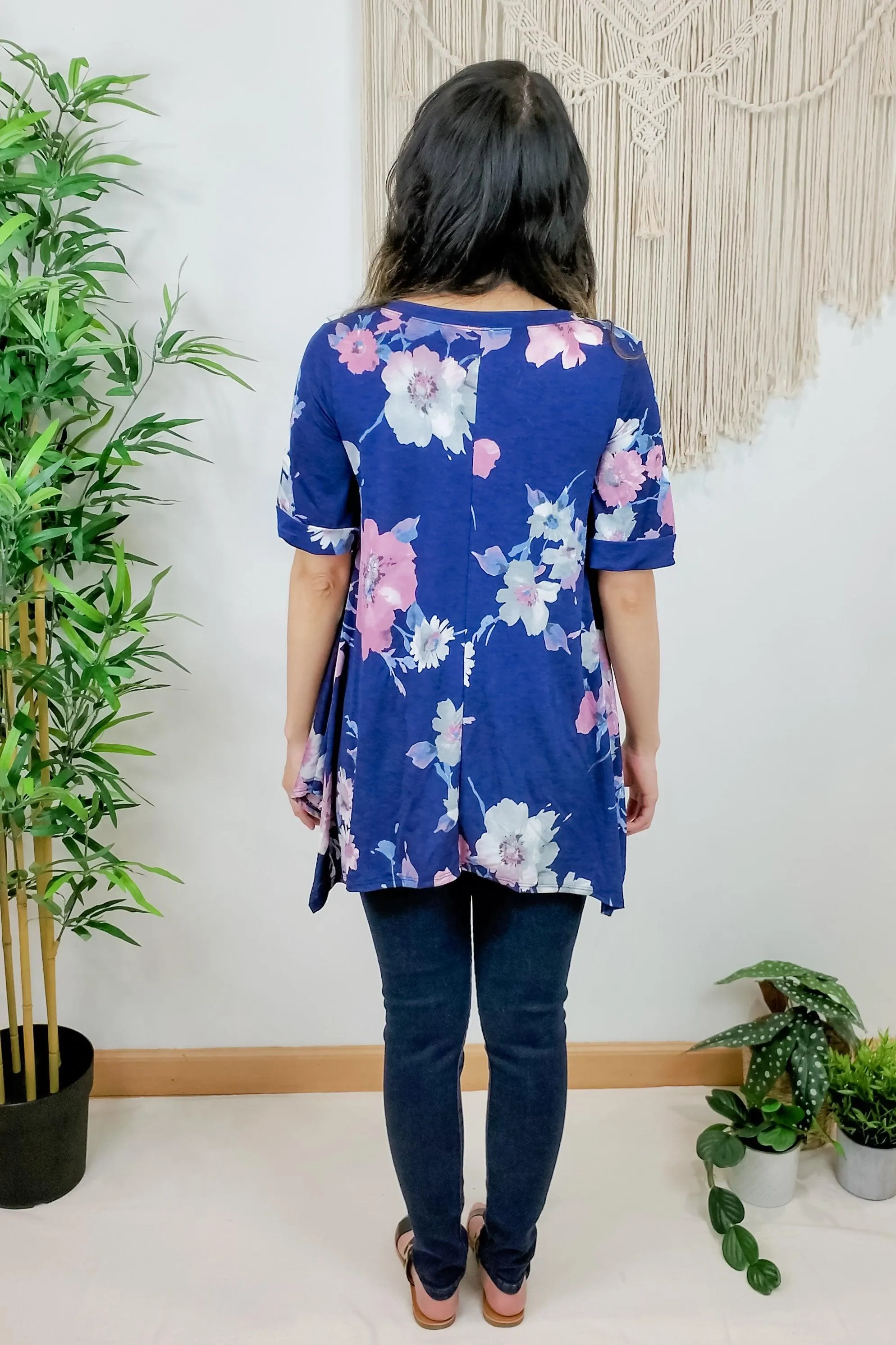 FINAL SALE -  Navy Floral Handkerchief Hem Tunic