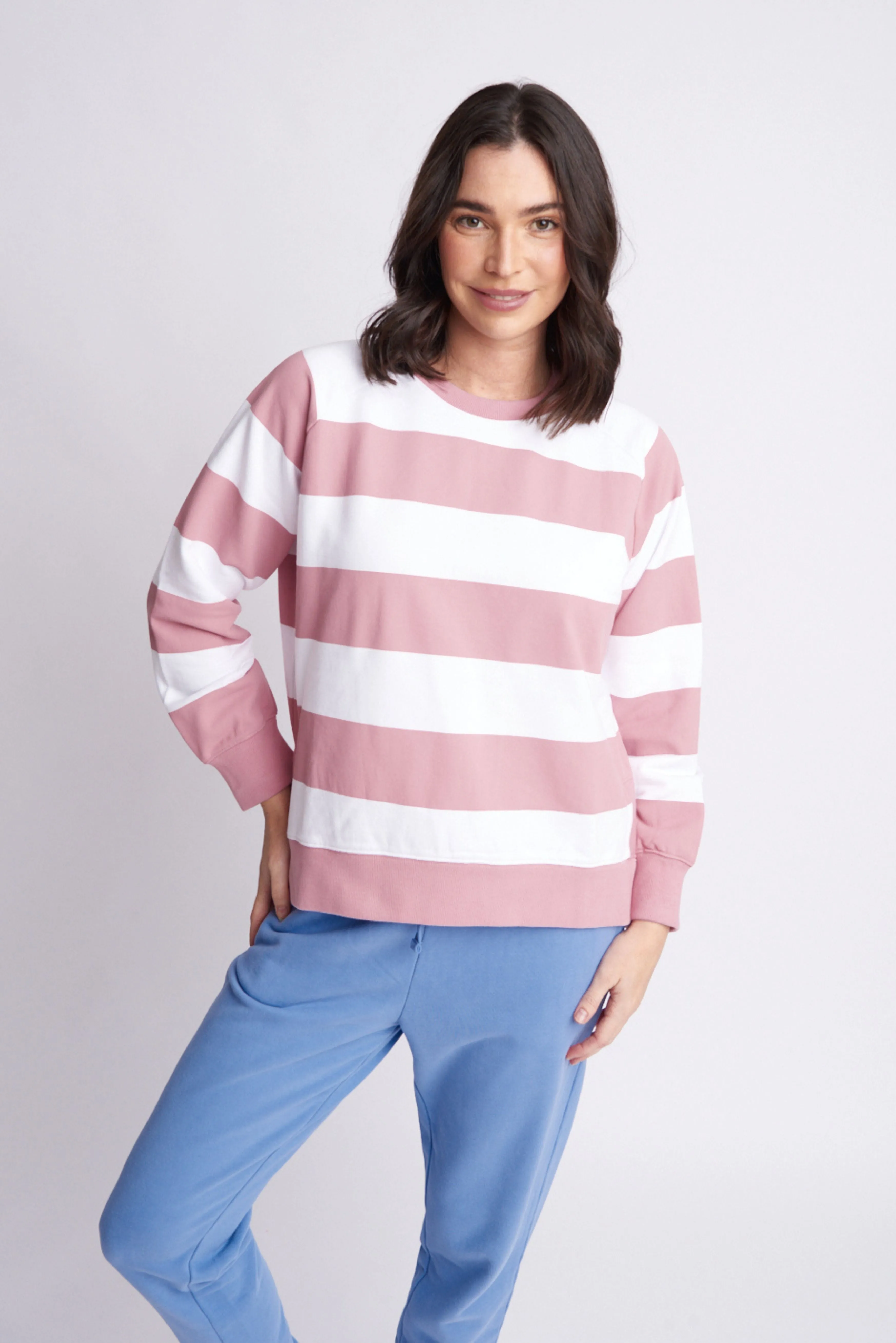 Fleece Stripe Side Split Sweater Blush/White