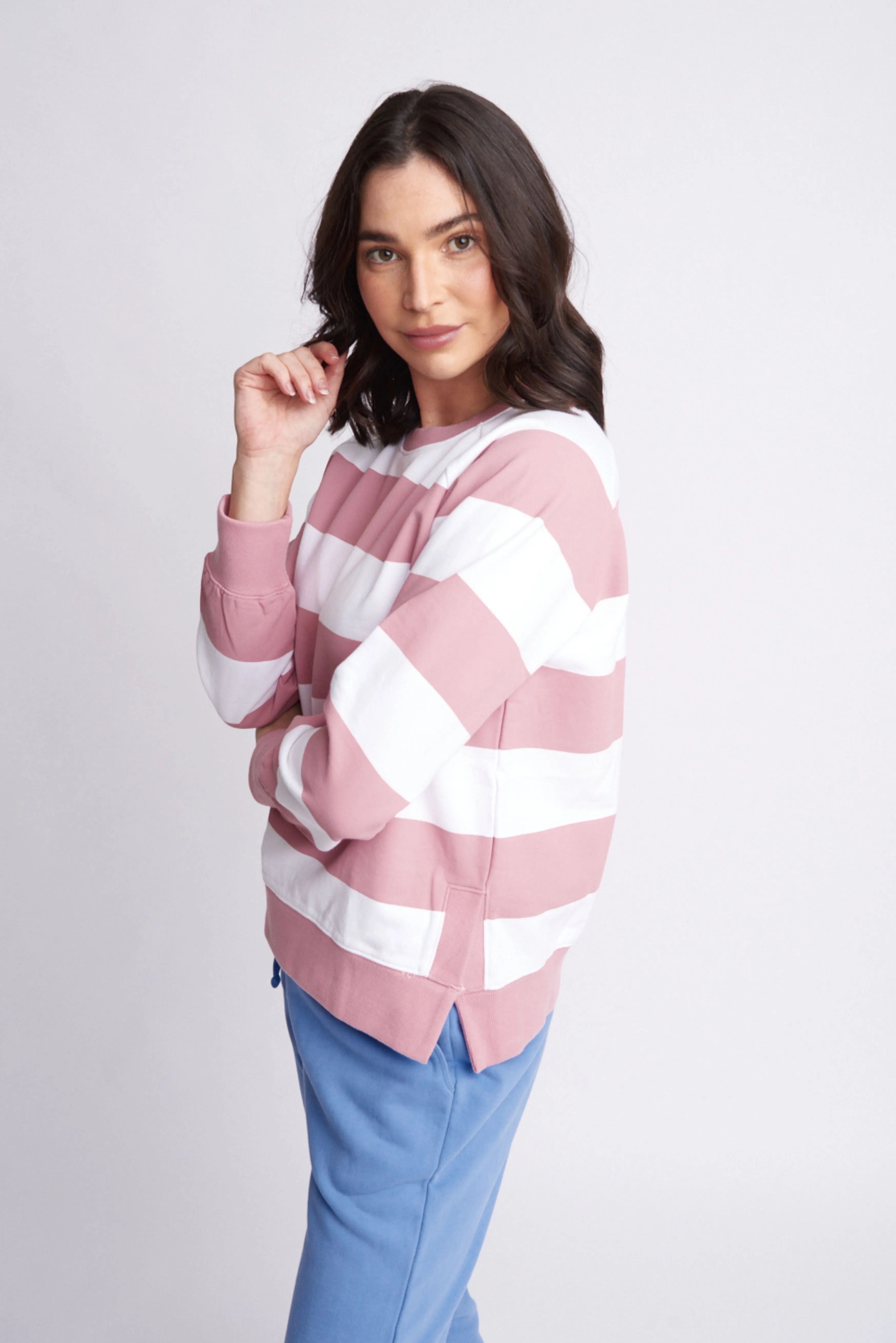 Fleece Stripe Side Split Sweater Blush/White