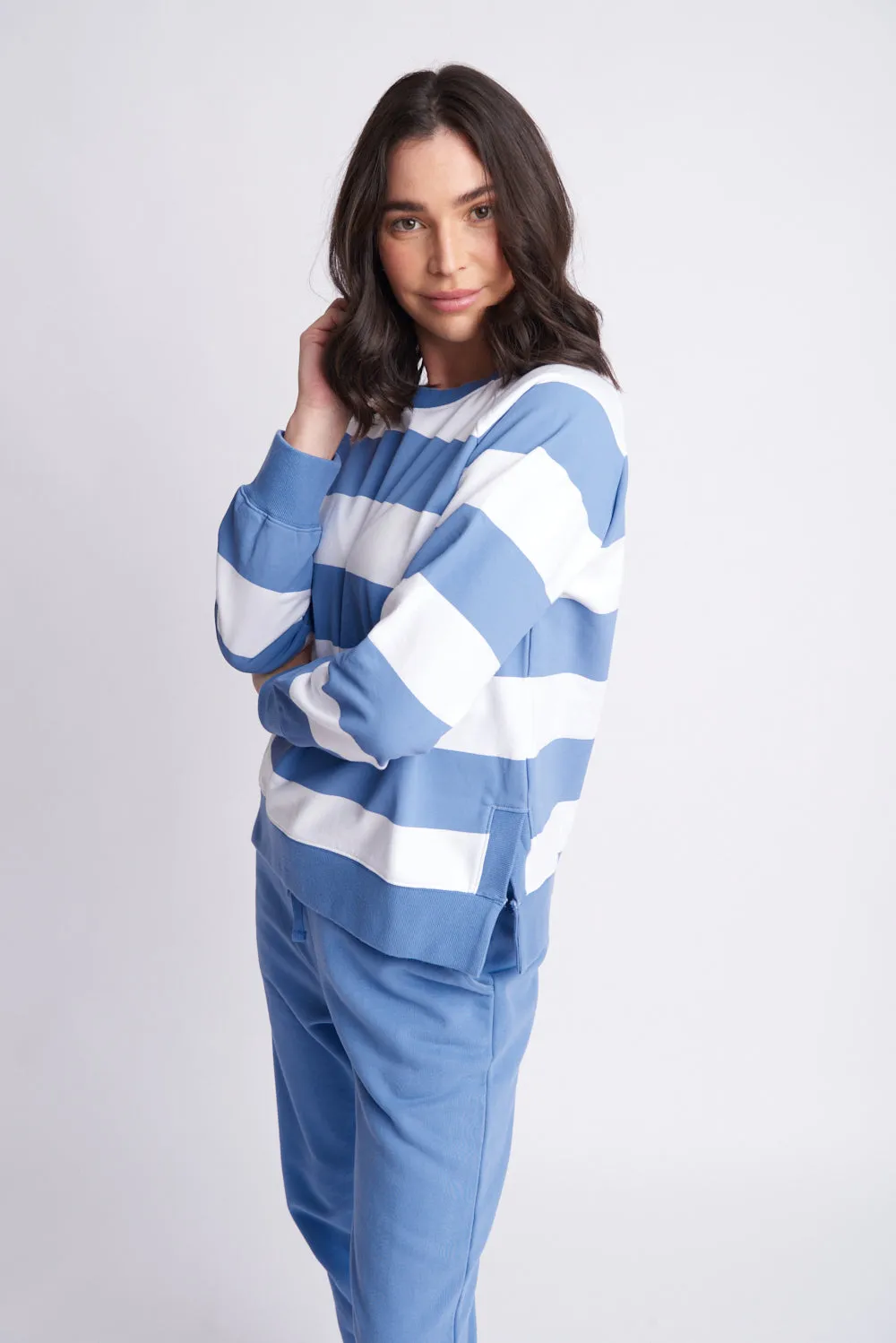 Fleece Stripe Side Split Sweater Denim Blue/White