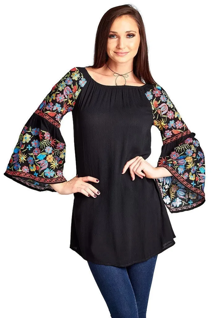 Floral Embroidered Off The Shoulder Dress, Black