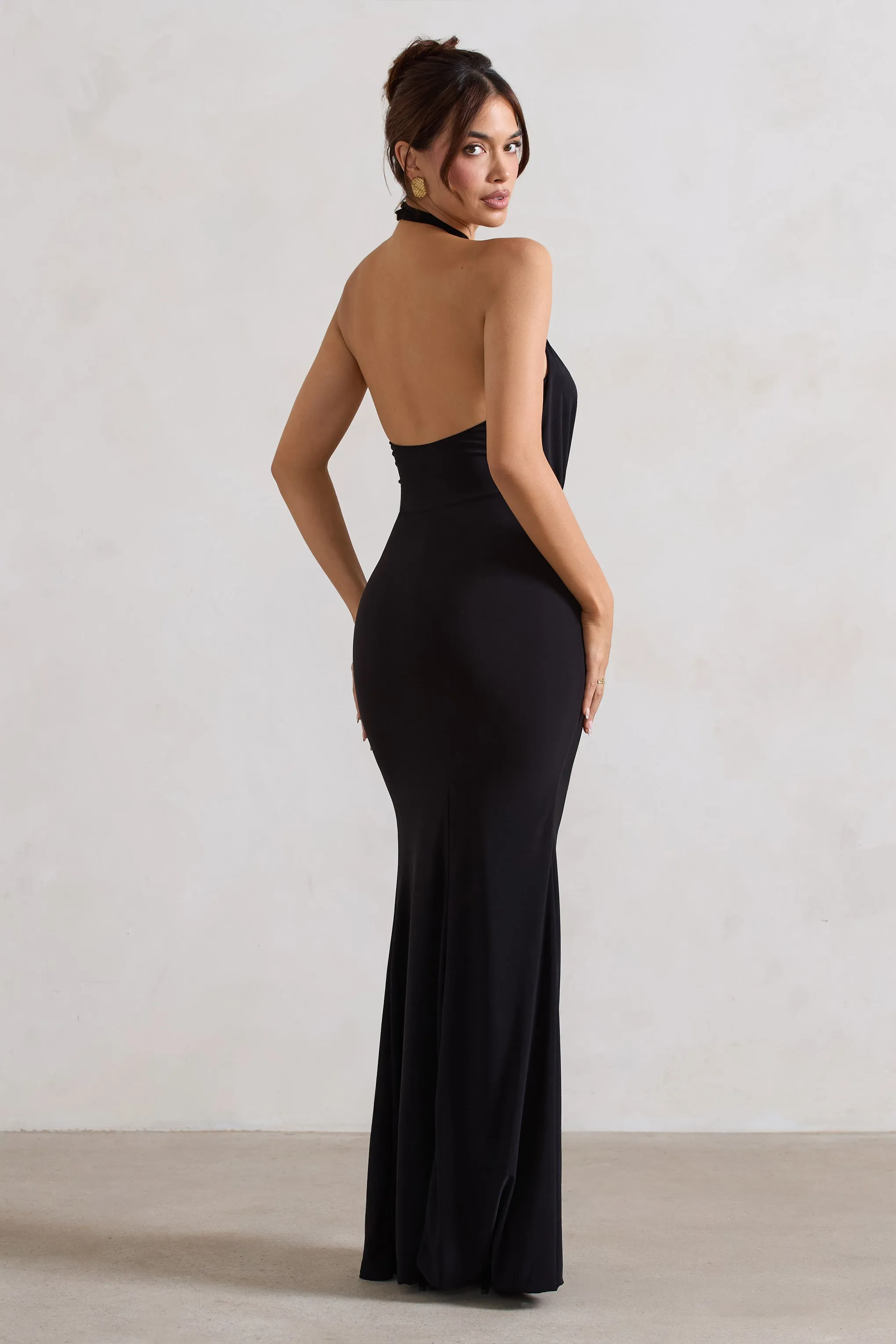 Forever Dreaming | Black Backless Halter Neck Ruched Split Maxi Dress