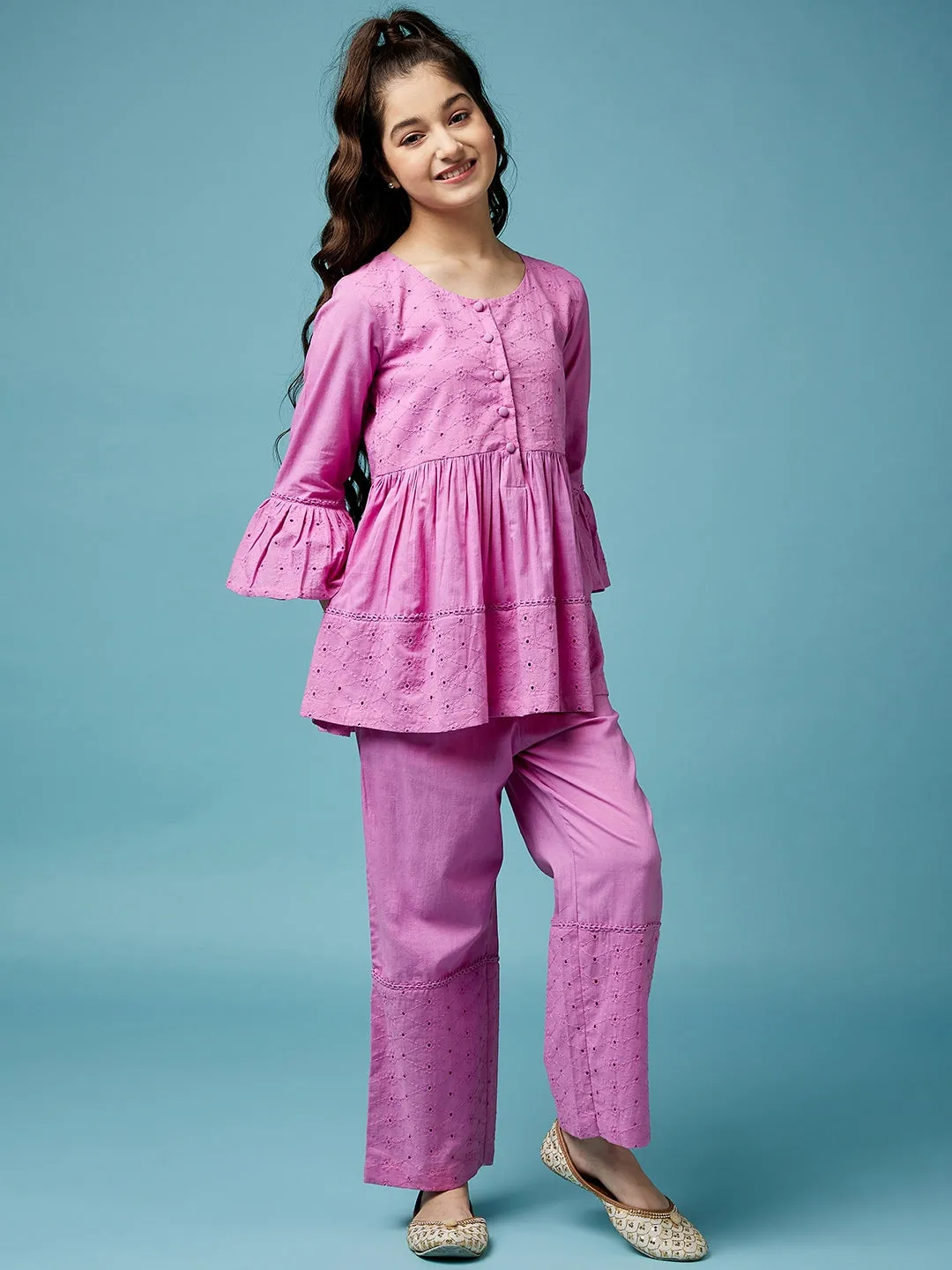 Girls Self Design Bell Sleeves Pure Cotton Tunic With Trousers - Ps Peaches