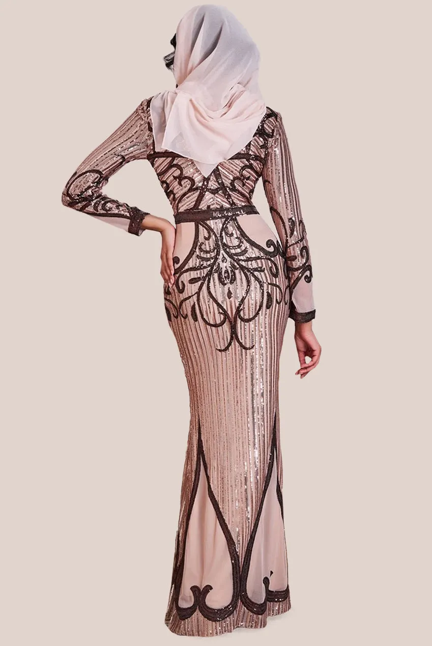 Goddiva Modesty Sequin & Mesh Maxi Dress - Champagne