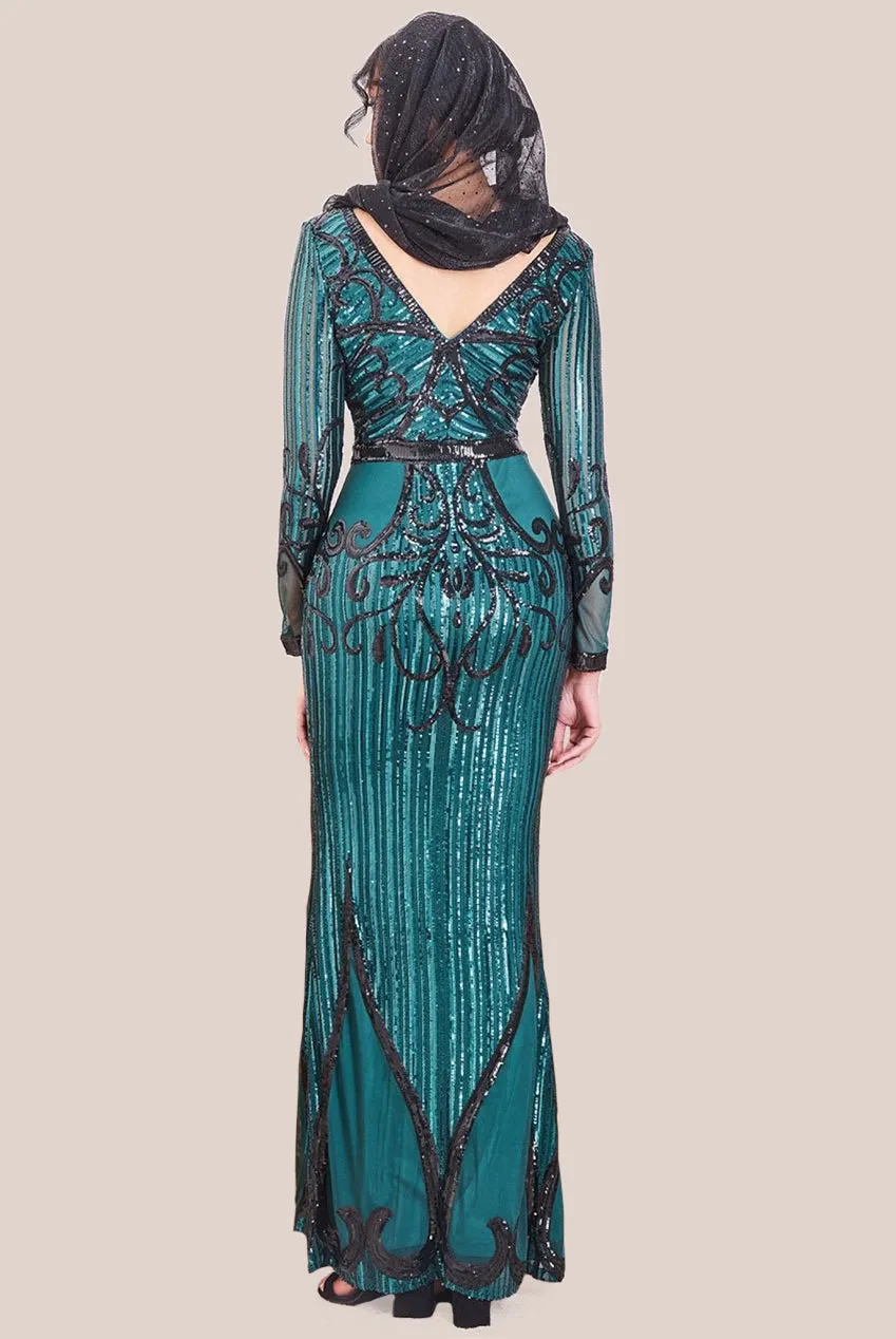 Goddiva Modesty Sequin & Mesh Maxi Dress - Emerald