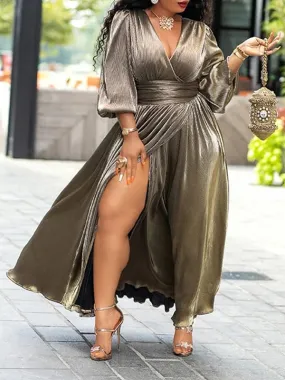 Golden Shiny Long Sleeve Wrap High Slit Dress