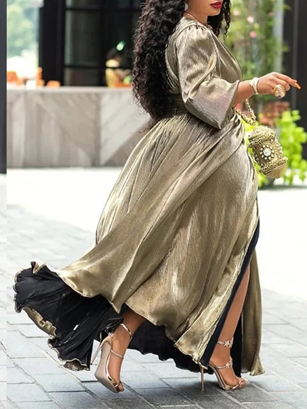 Golden Shiny Long Sleeve Wrap High Slit Dress