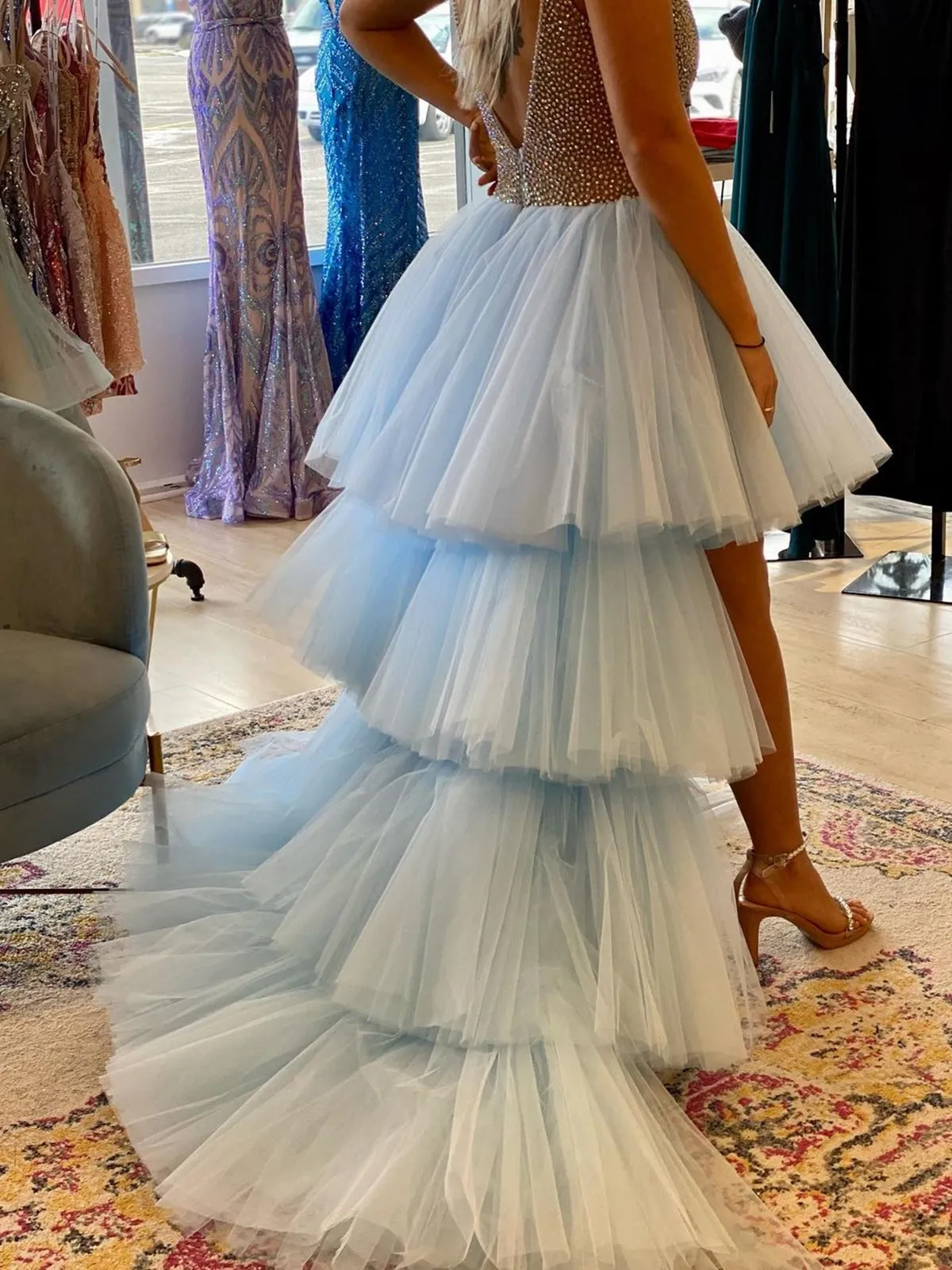 Gorgeous High Low V Neck Beaded Blue Tulle Long Prom Dresses with Train, High Low Blue Formal Dresses, Beaded Blue Evening Dresses