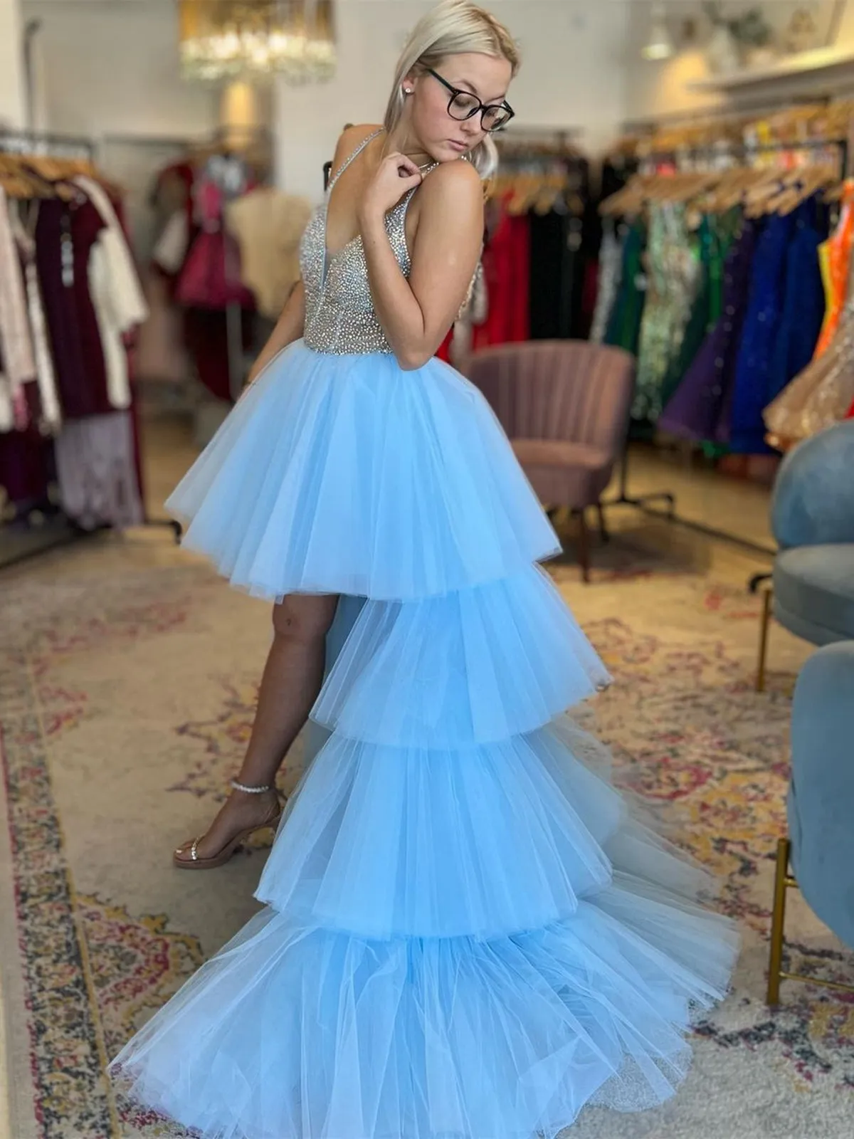 Gorgeous High Low V Neck Beaded Blue Tulle Long Prom Dresses with Train, High Low Blue Formal Dresses, Beaded Blue Evening Dresses