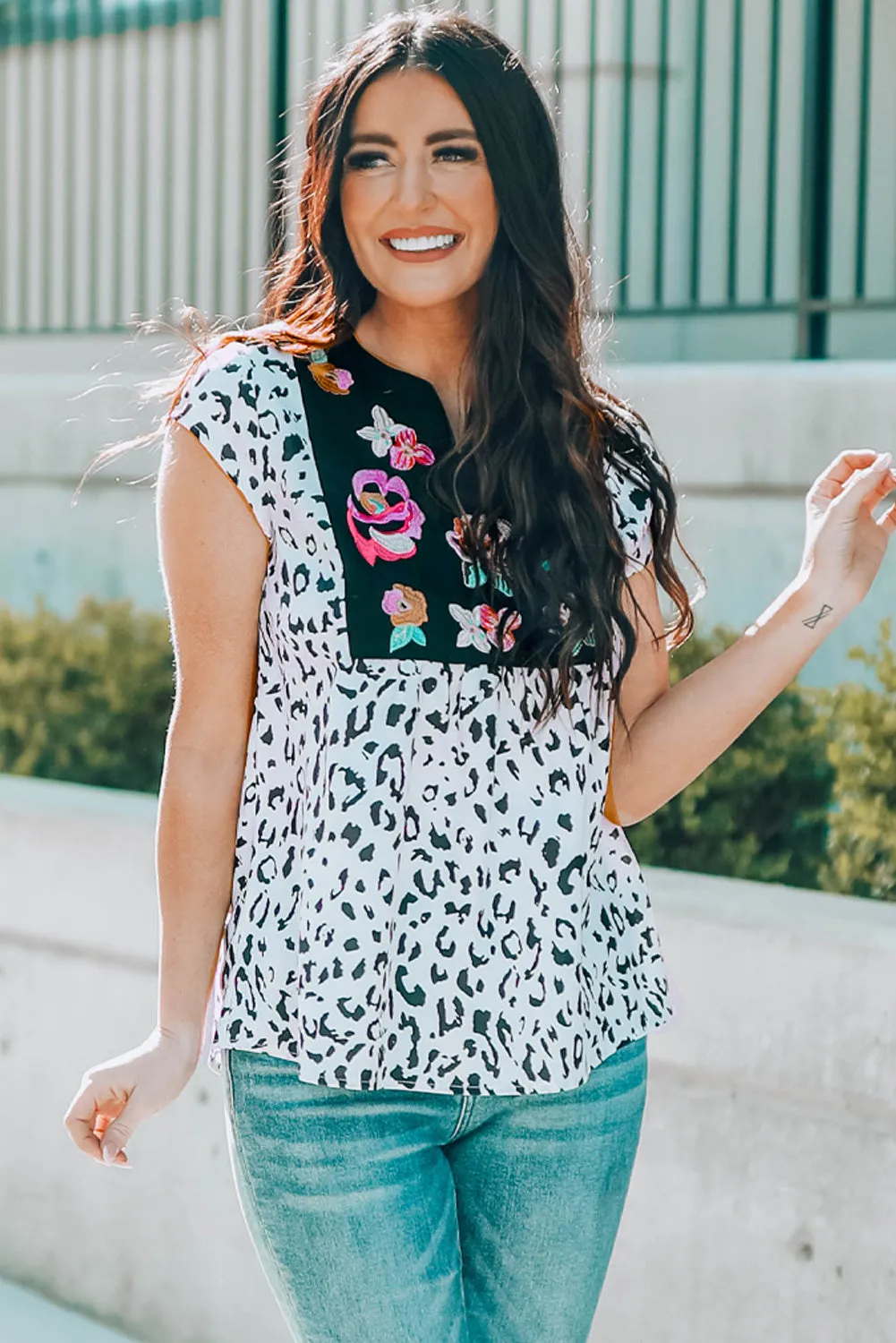 Gothic Outlaws Black & White Animal Print Flower Embroidered Tunic Top