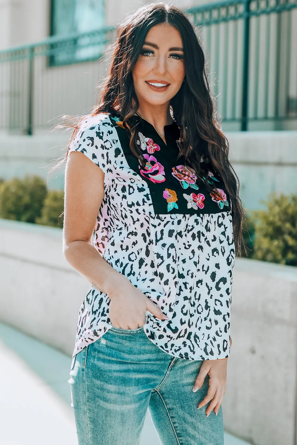 Gothic Outlaws Black & White Animal Print Flower Embroidered Tunic Top