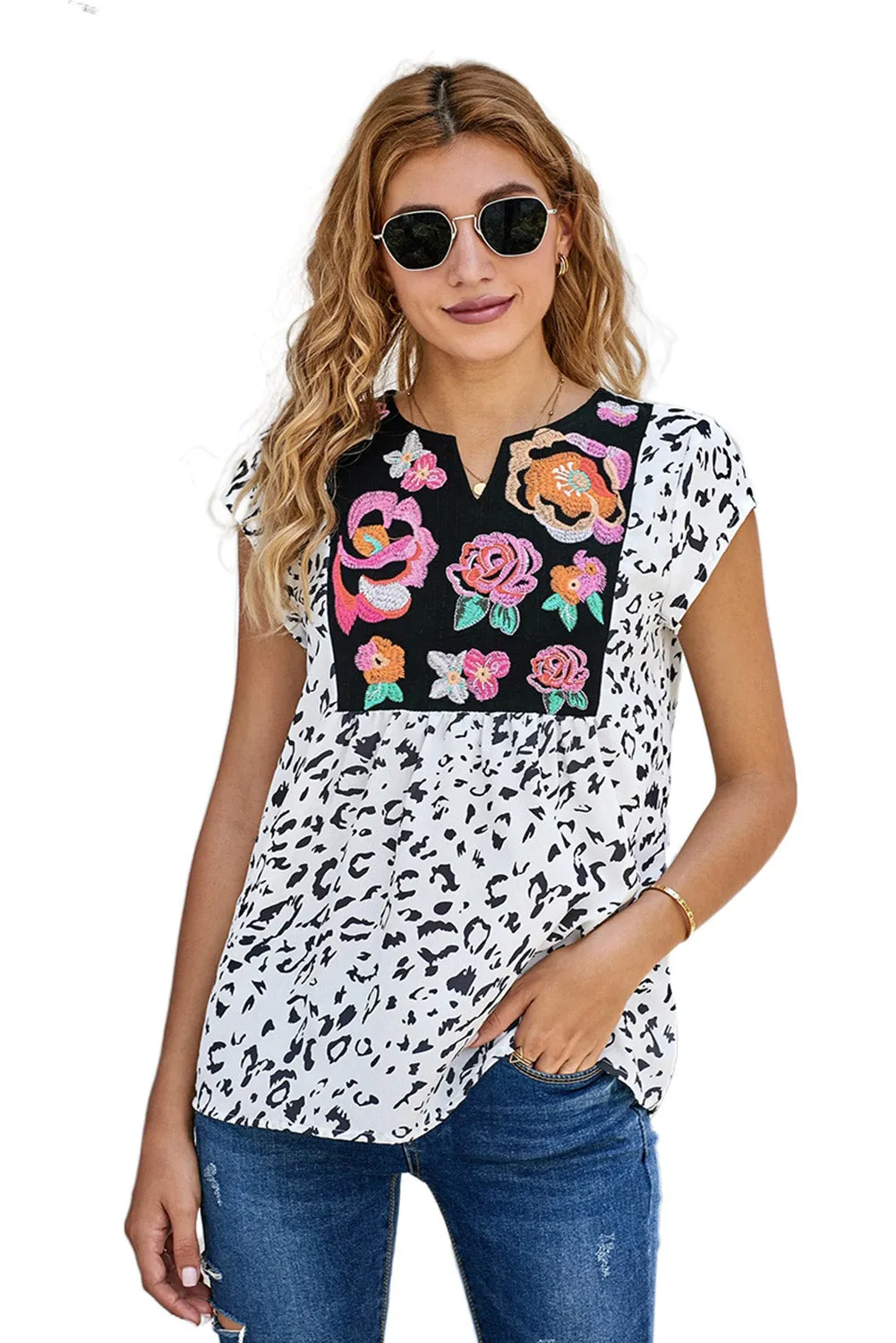 Gothic Outlaws Black & White Animal Print Flower Embroidered Tunic Top