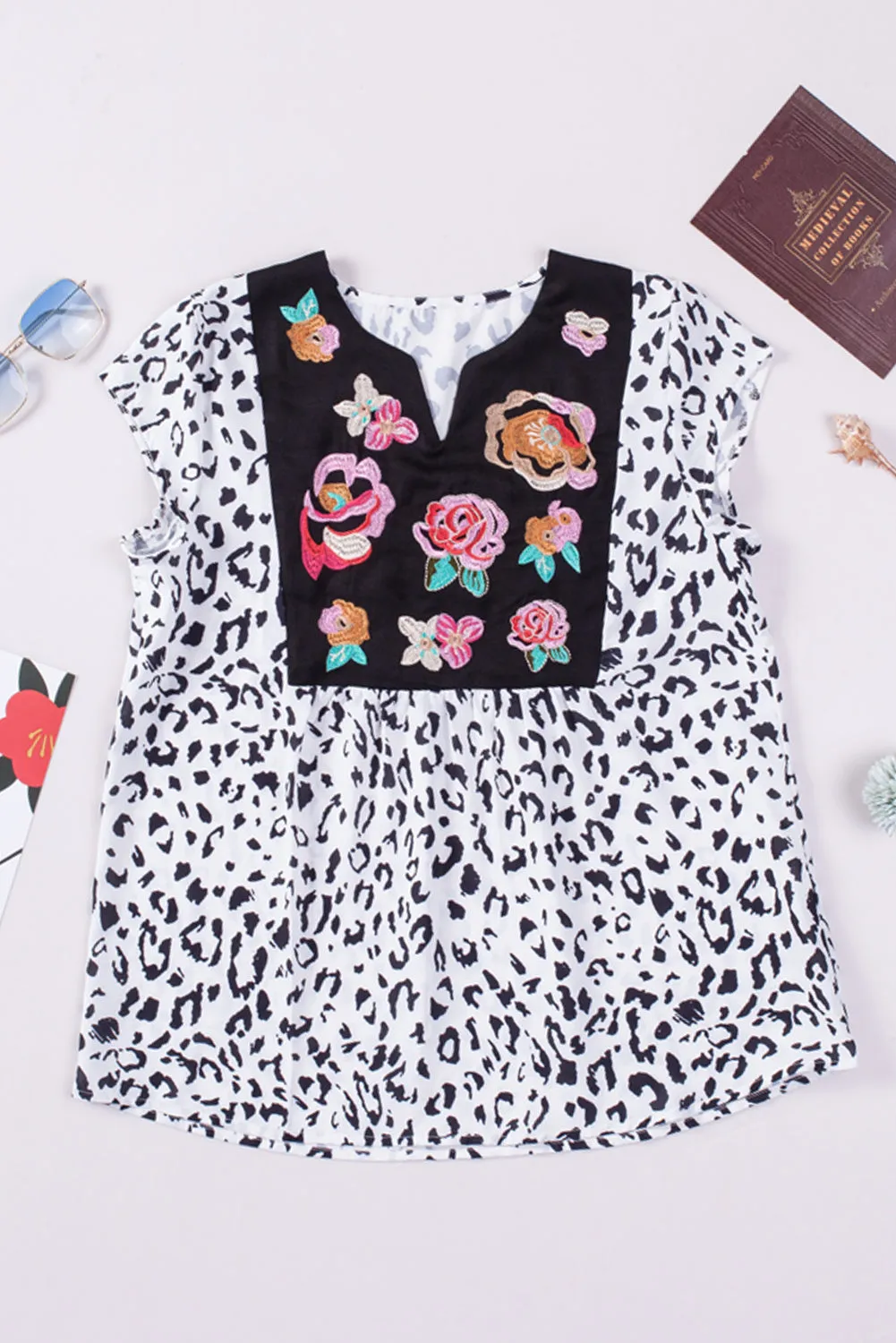 Gothic Outlaws Black & White Animal Print Flower Embroidered Tunic Top