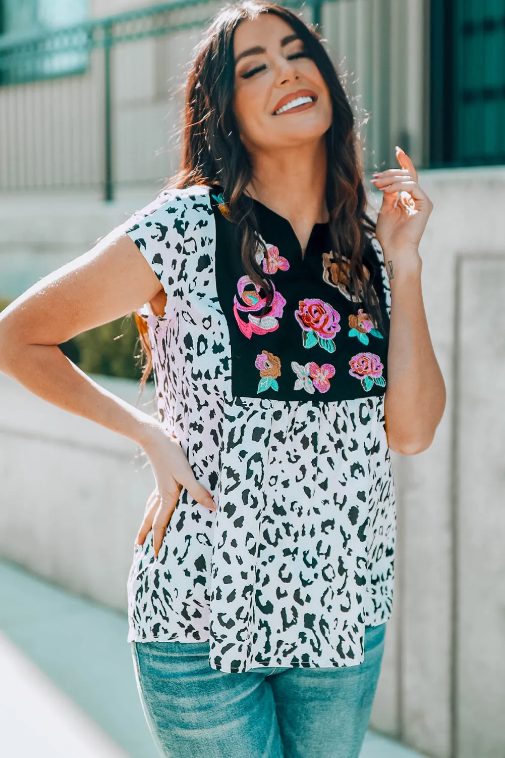 Gothic Outlaws Black & White Animal Print Flower Embroidered Tunic Top