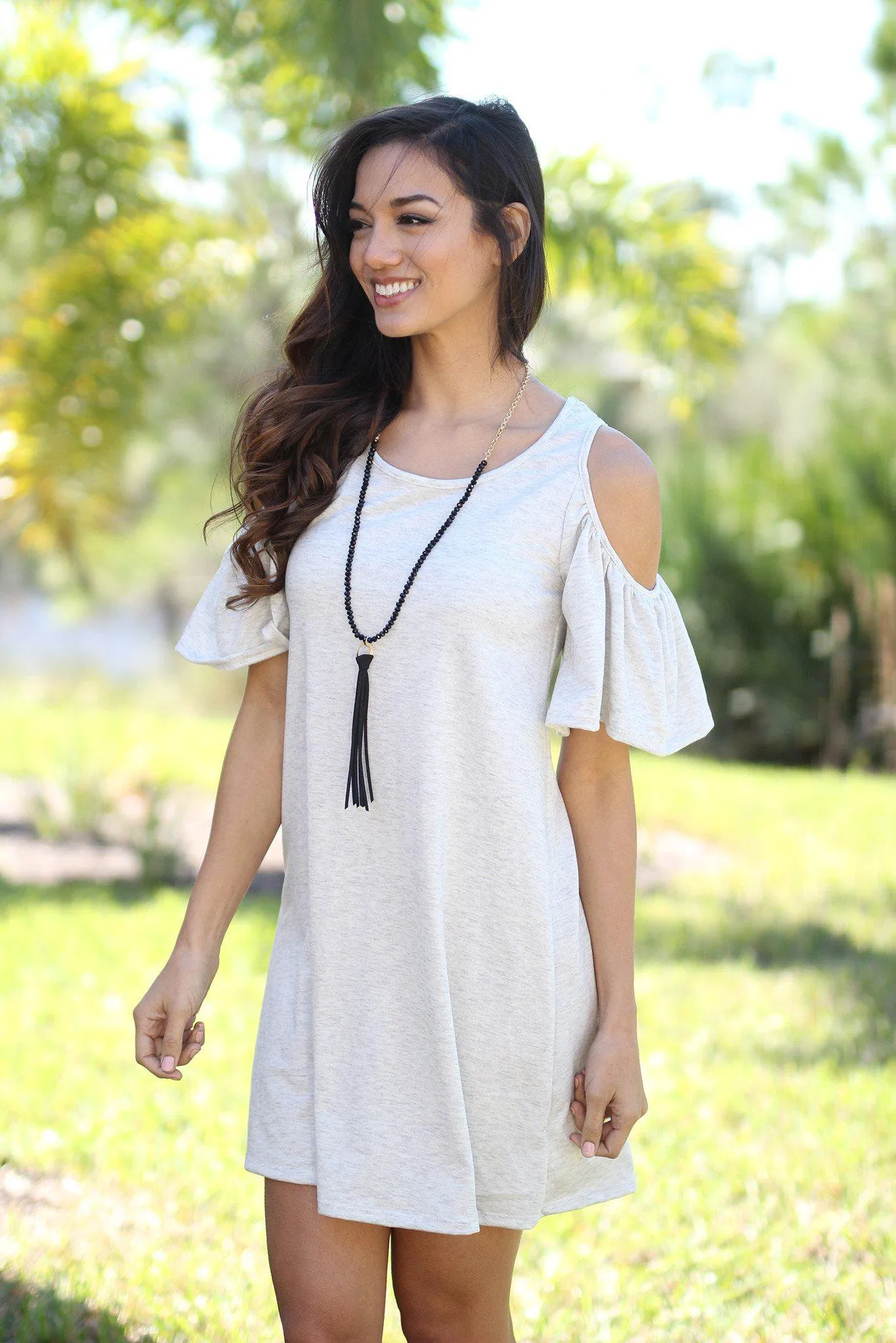 Gray Open Shoulder Ruffle Sleeves Tunic