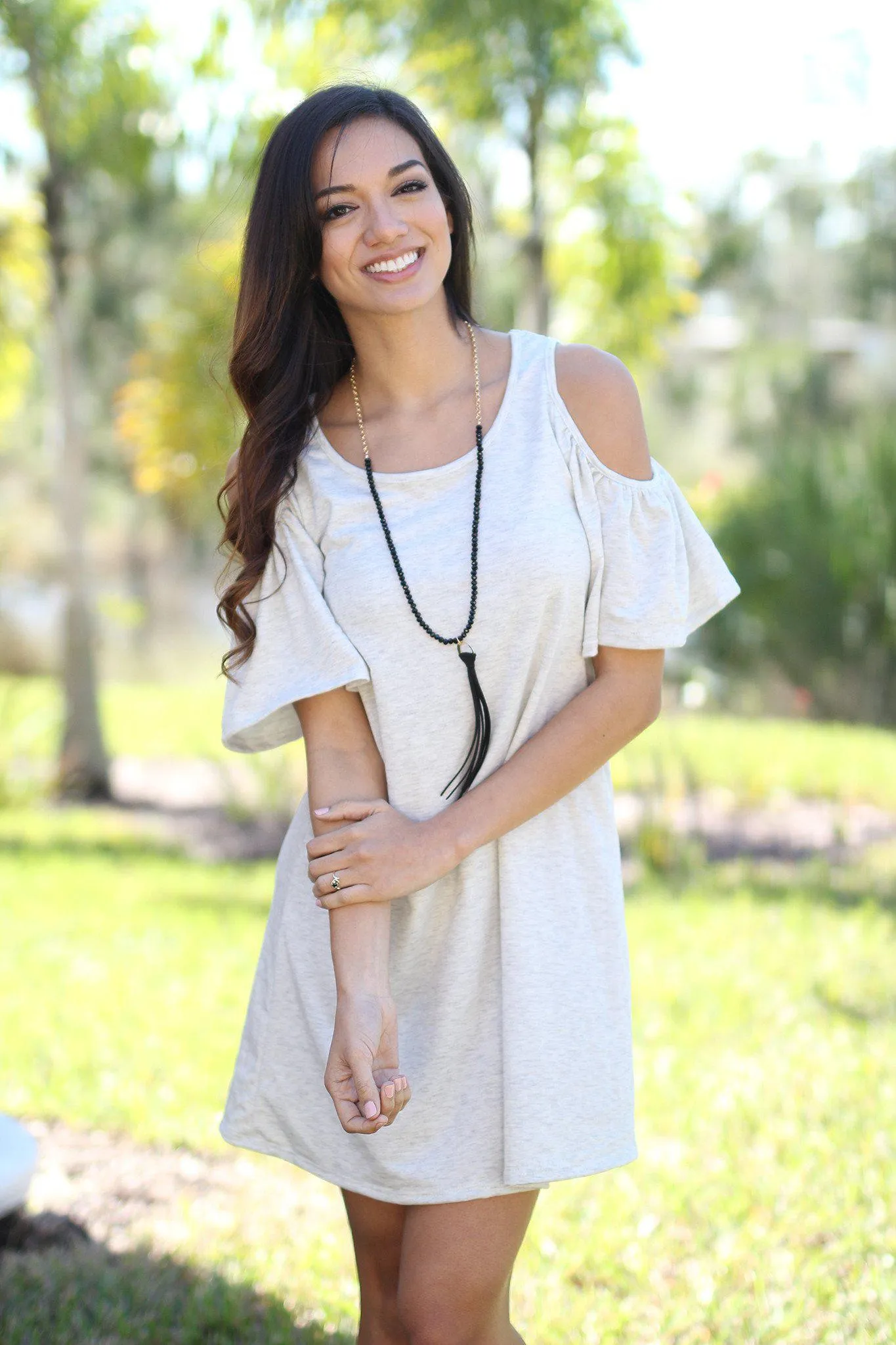 Gray Open Shoulder Ruffle Sleeves Tunic