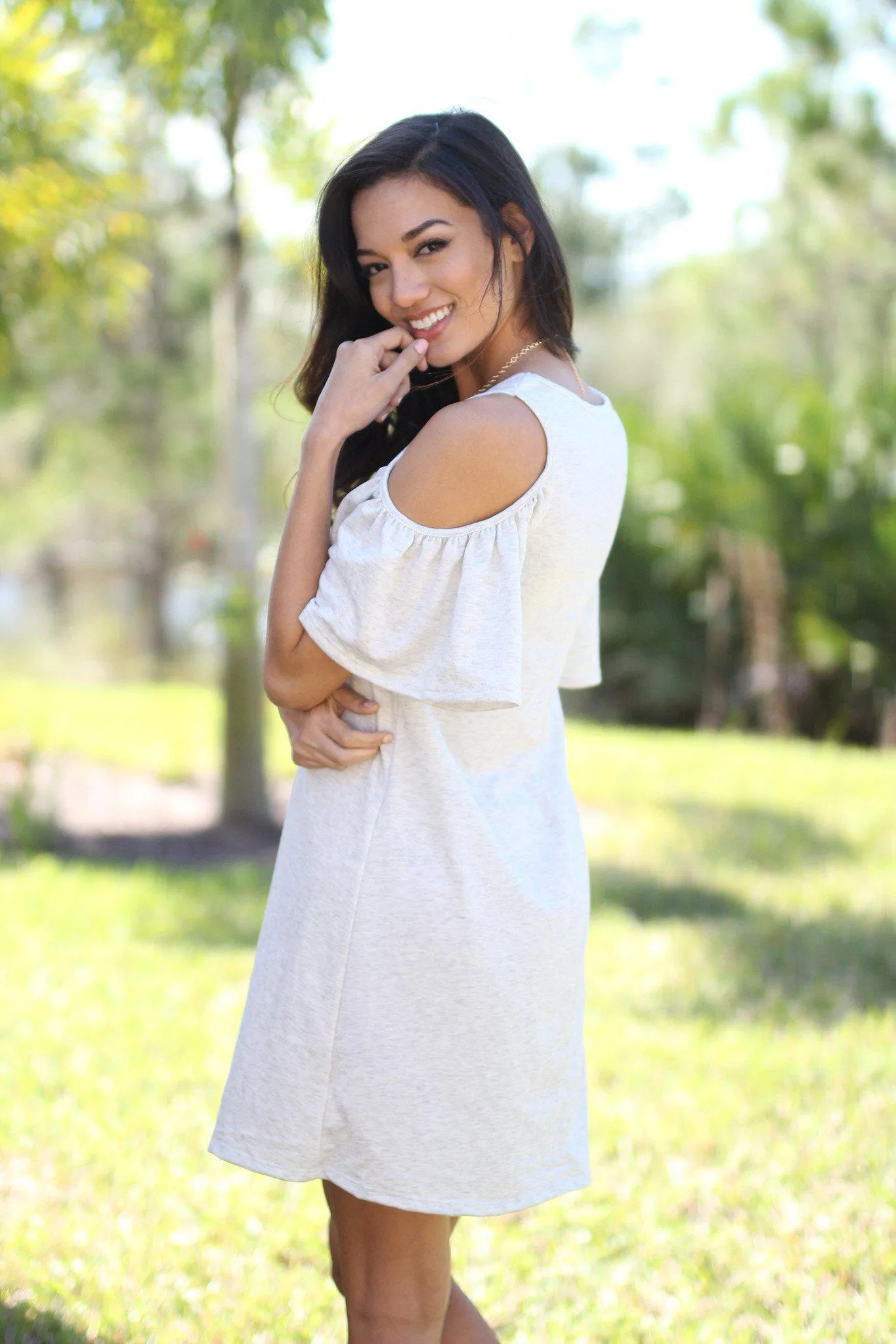 Gray Open Shoulder Ruffle Sleeves Tunic