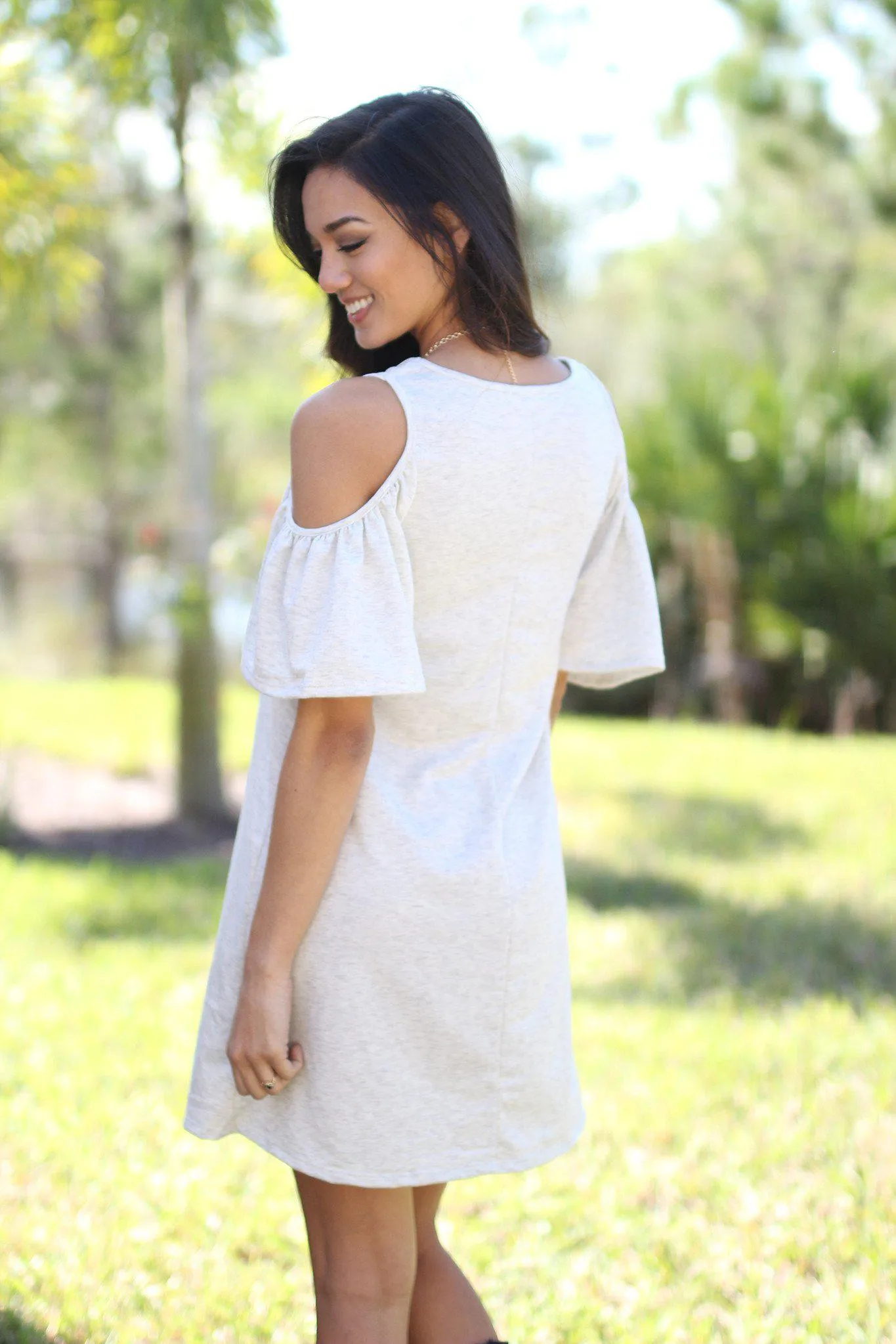 Gray Open Shoulder Ruffle Sleeves Tunic