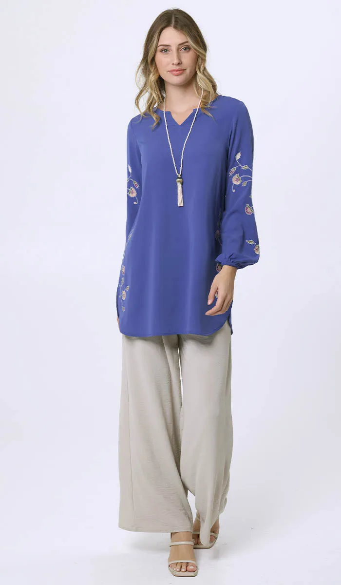 Hadeel Embroidered Long Modest Tunic - Azure