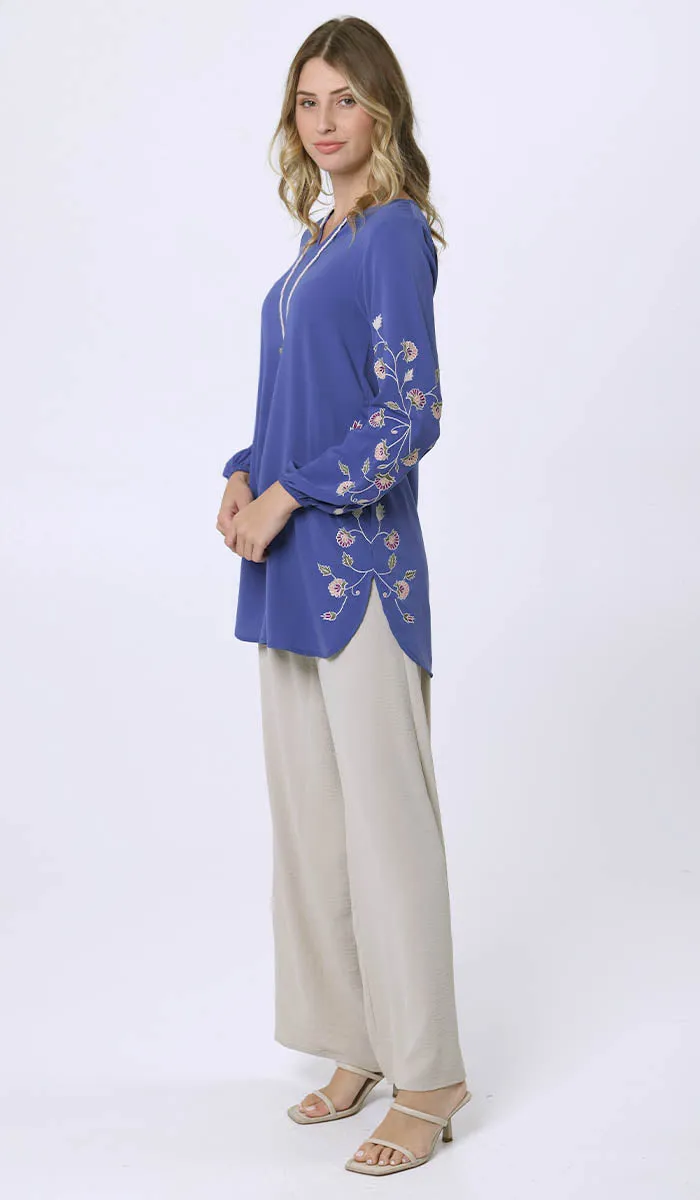 Hadeel Embroidered Long Modest Tunic - Azure