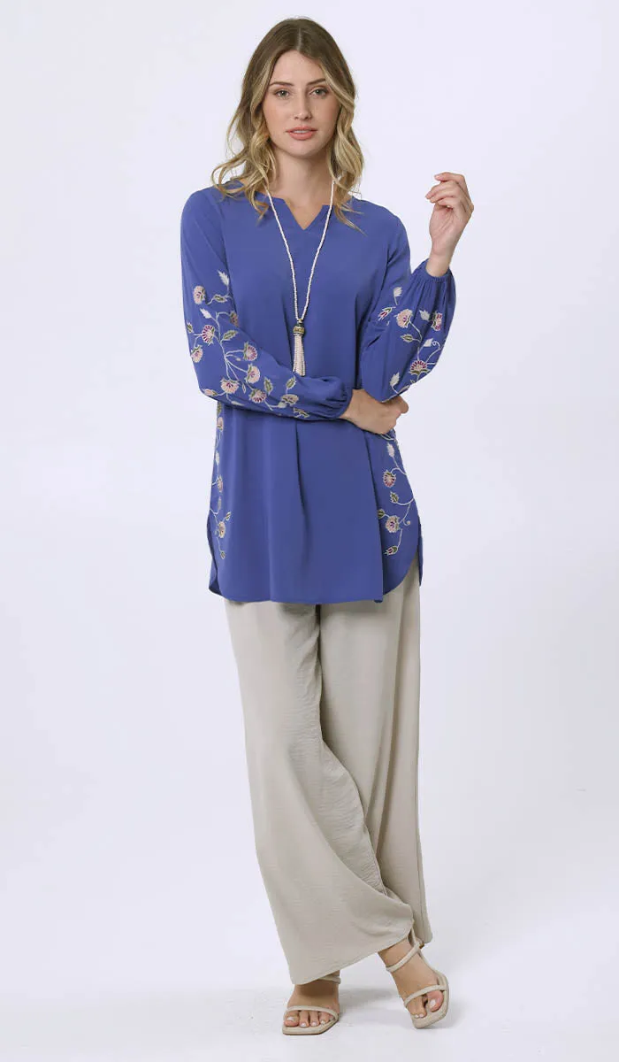 Hadeel Embroidered Long Modest Tunic - Azure