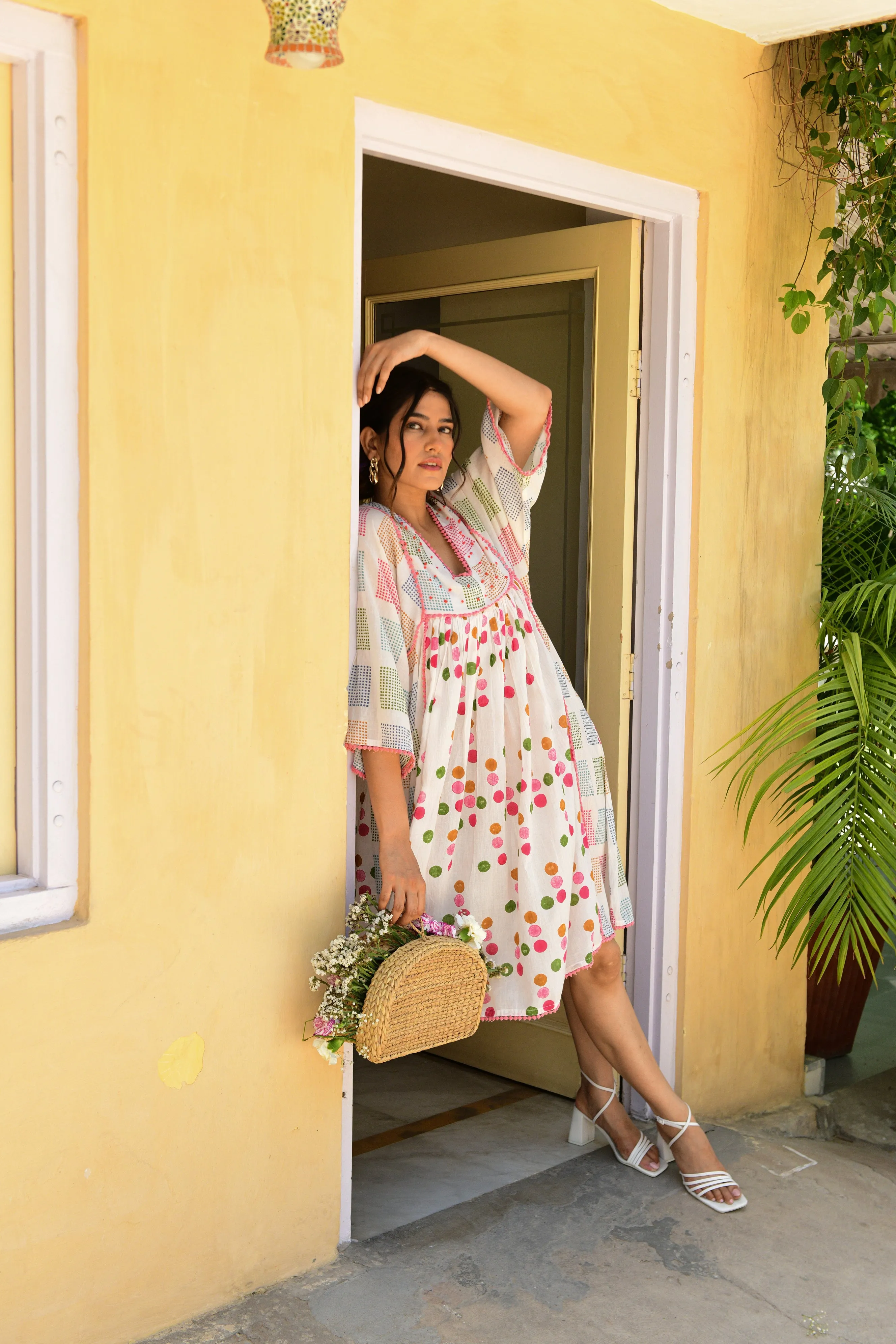 Hand-block Printed Multicolor Cotton V-Neck Dress