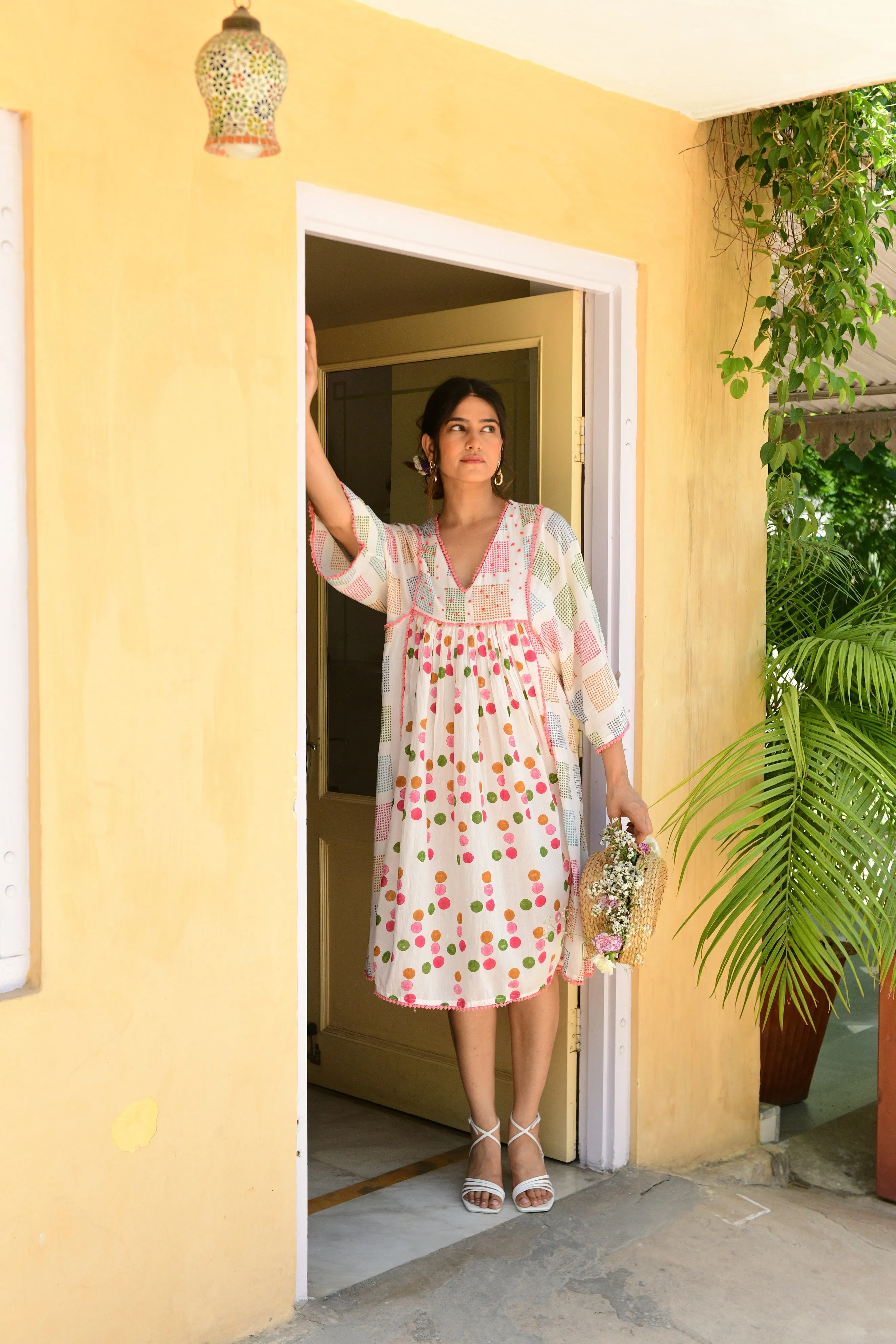 Hand-block Printed Multicolor Cotton V-Neck Dress