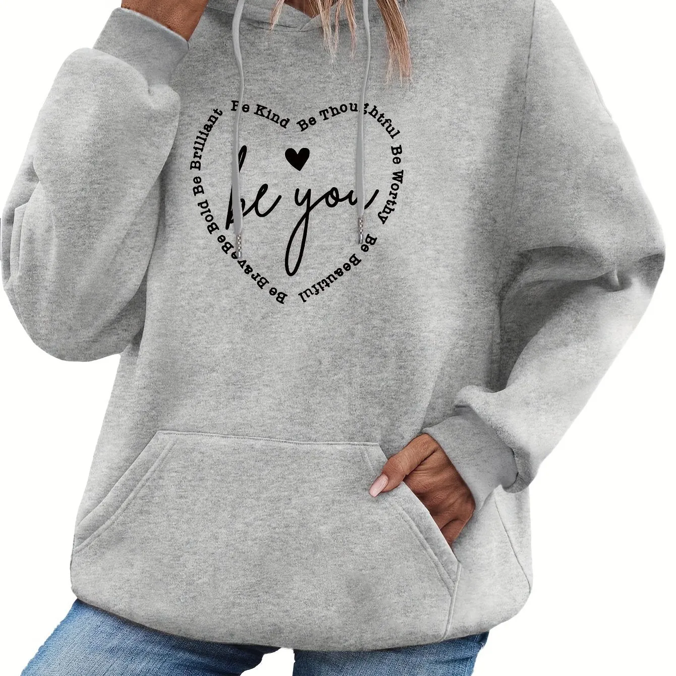 Heart & Letter Print Drawstring Hoodie - Cozy Casual Long Sleeve Hooded Sweatshirt with Adjustable Drawstring, Soft Brushed Fabric, and Relaxed Fit - Women's Comfortable Clothing for Daily Wear