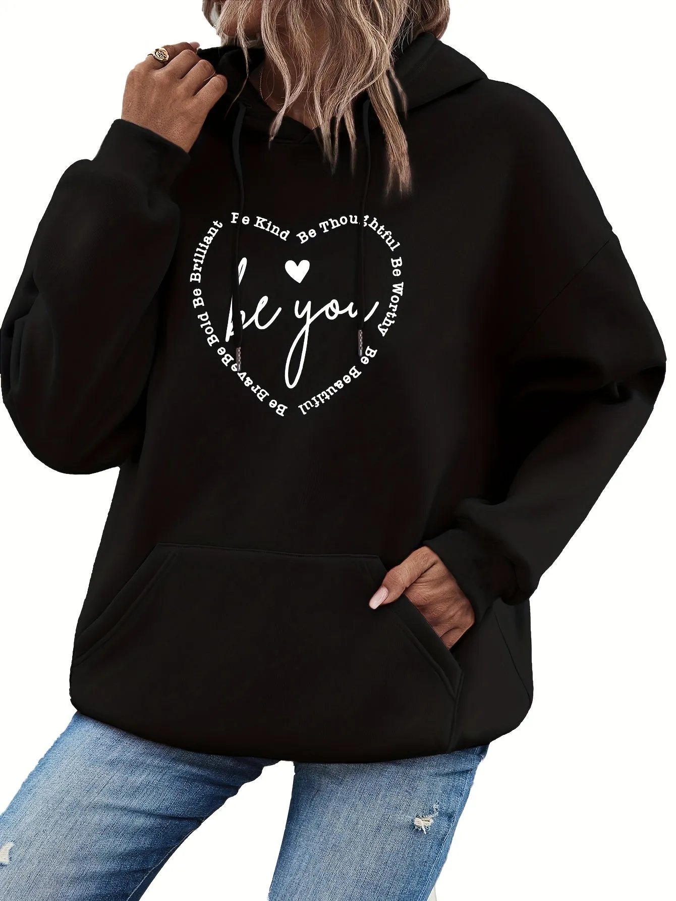 Heart & Letter Print Drawstring Hoodie - Cozy Casual Long Sleeve Hooded Sweatshirt with Adjustable Drawstring, Soft Brushed Fabric, and Relaxed Fit - Women's Comfortable Clothing for Daily Wear