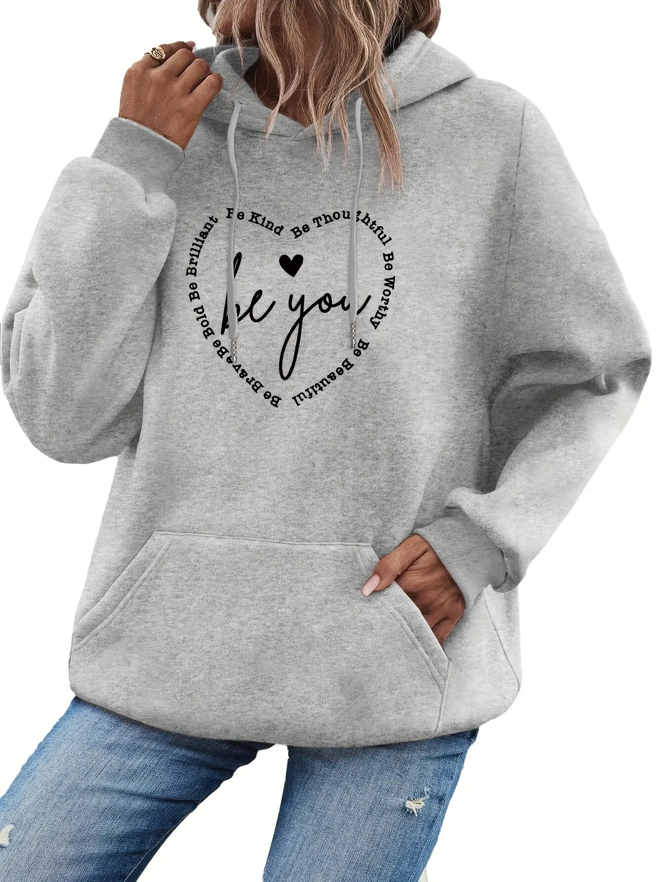 Heart & Letter Print Drawstring Hoodie - Cozy Casual Long Sleeve Hooded Sweatshirt with Adjustable Drawstring, Soft Brushed Fabric, and Relaxed Fit - Women's Comfortable Clothing for Daily Wear